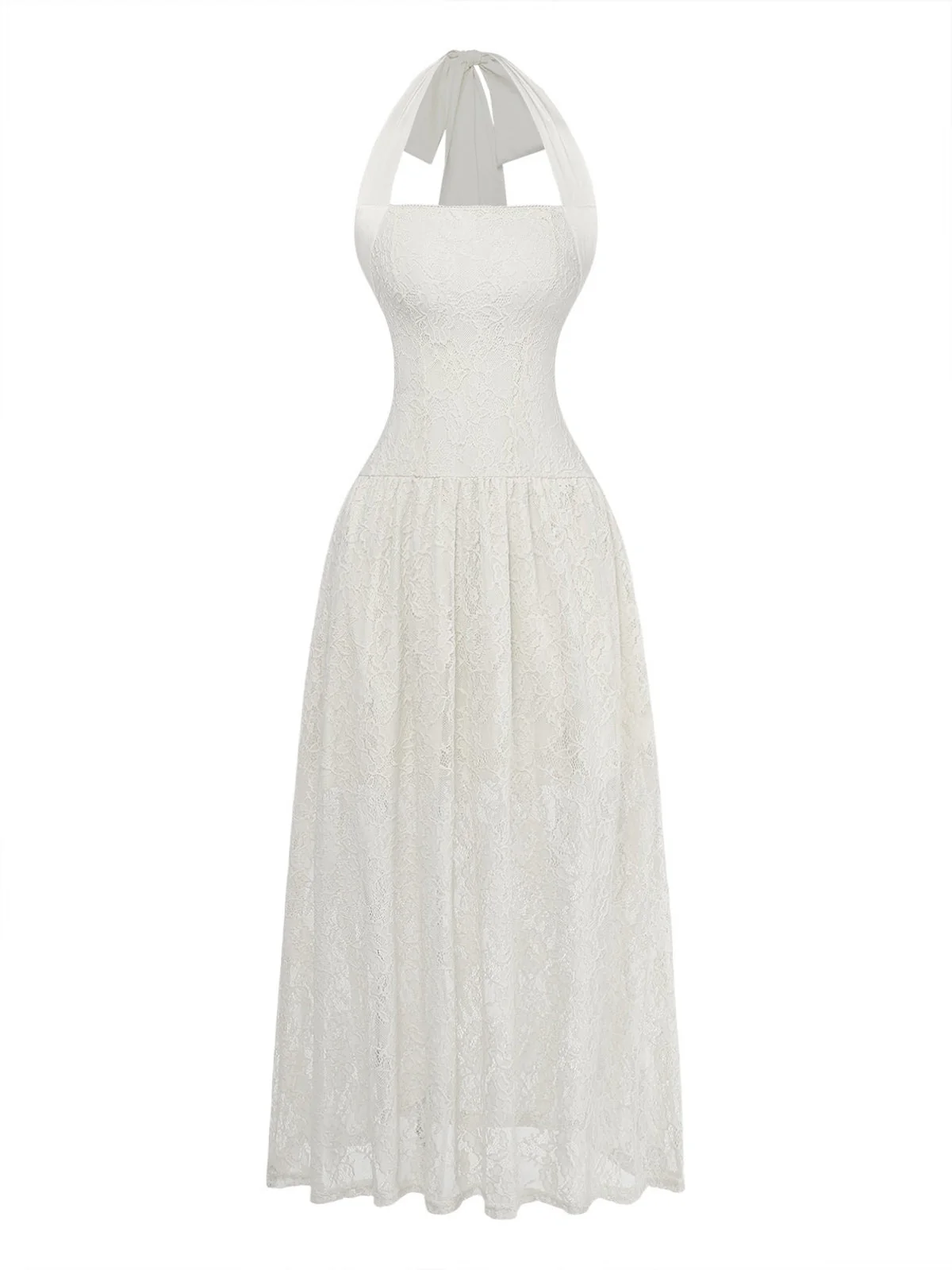 1950s Backless Lace Solid Halter Dress - Image 8