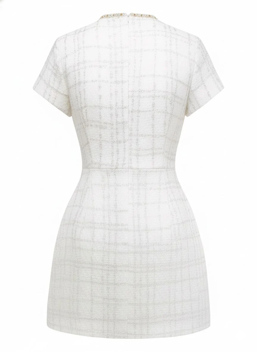1950s Binding Pearl-Trimmed Collar Tweed Dress - Image 9