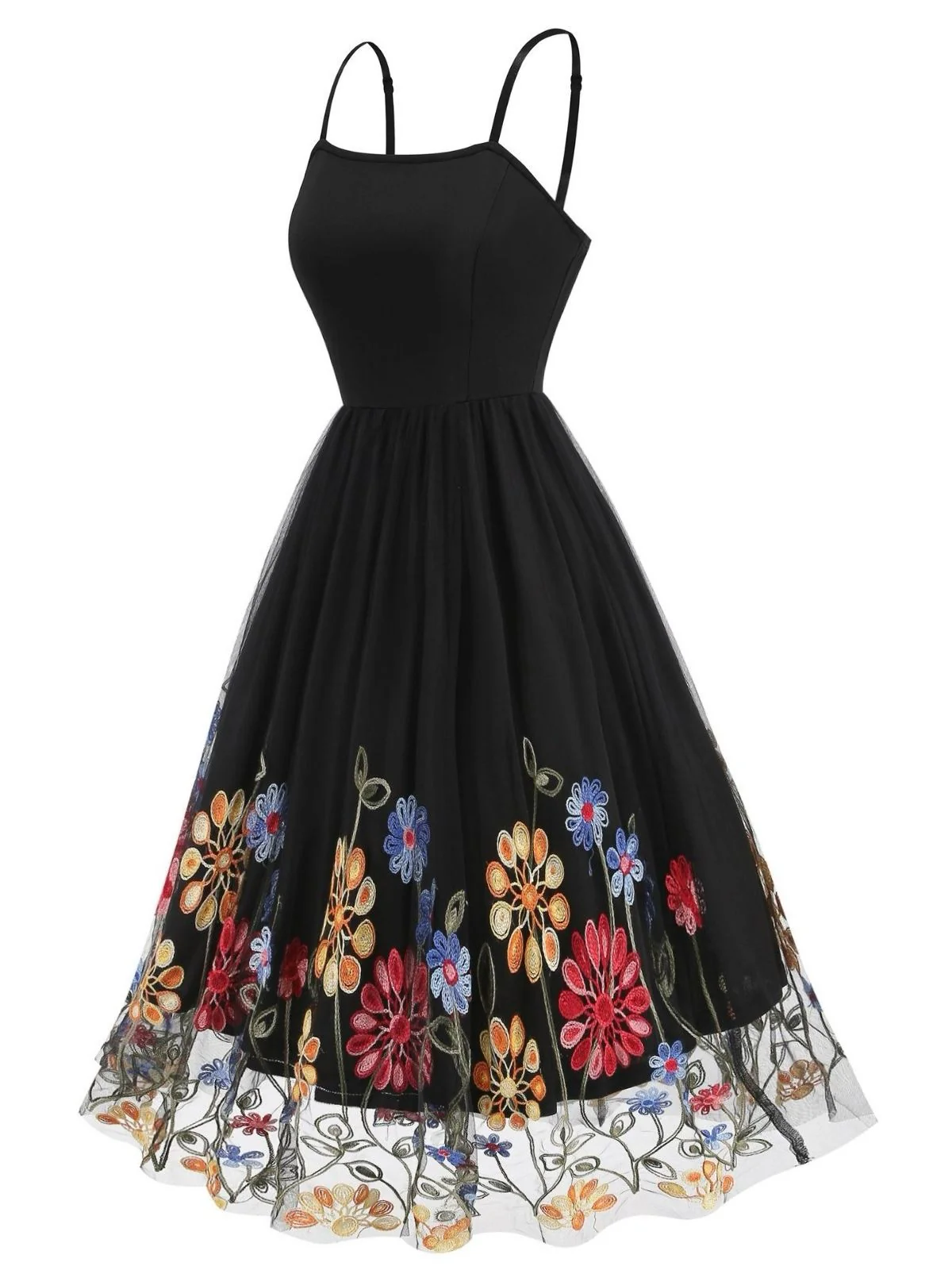 1950s Black Mesh Floral Embroidered Dress - Image 2