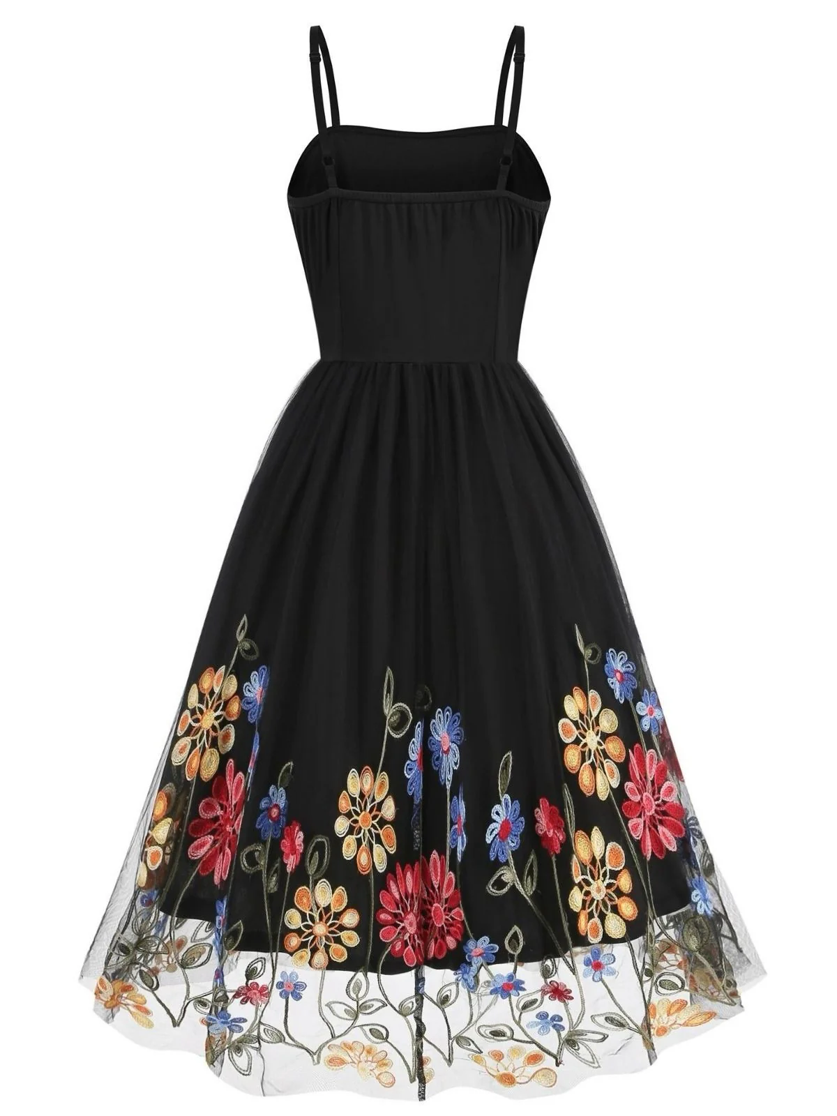 1950s Black Mesh Floral Embroidered Dress - Image 3