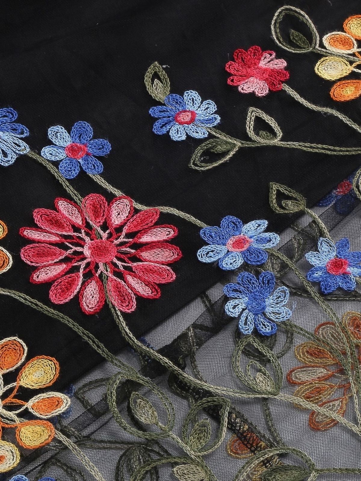 1950s Black Mesh Floral Embroidered Dress - Image 5