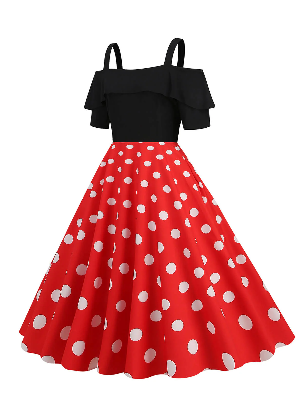 1950s Black Patchwork Polka Dot Strap Dress - Image 2