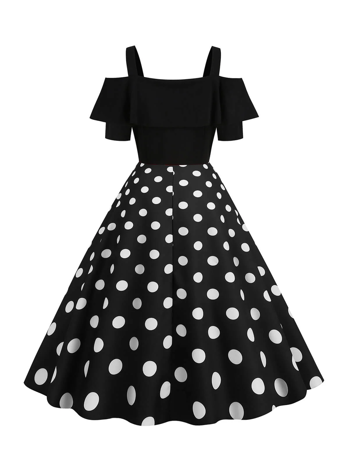 1950s Black Patchwork Polka Dot Strap Dress - Image 3