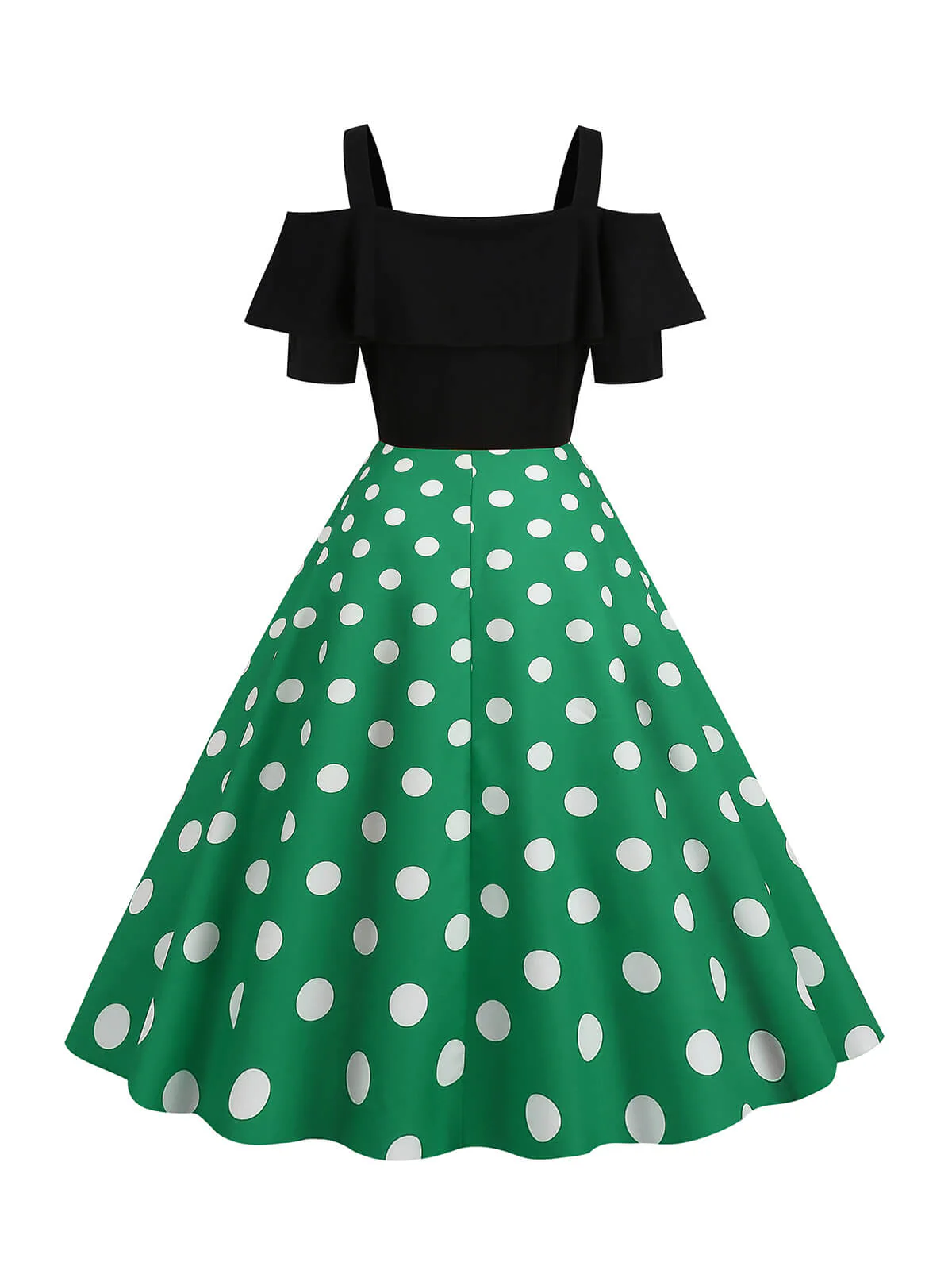 1950s Black Patchwork Polka Dot Strap Dress - Image 4