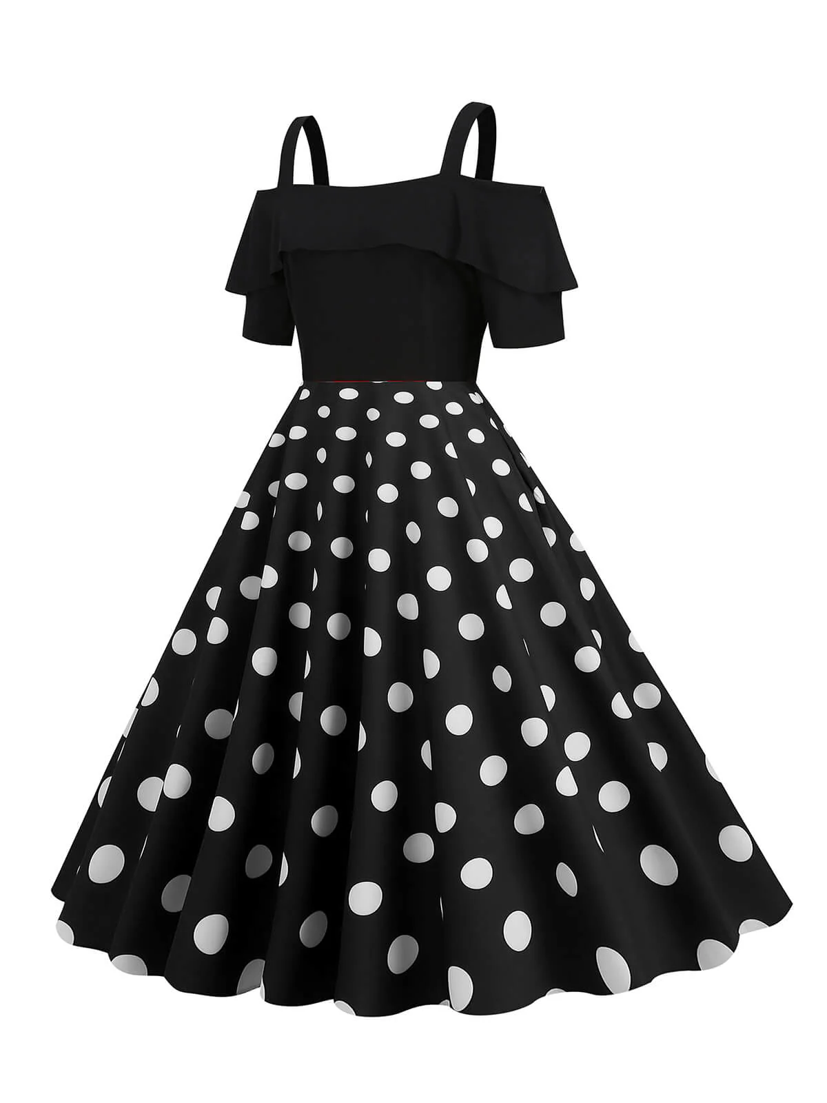 1950s Black Patchwork Polka Dot Strap Dress - Image 2