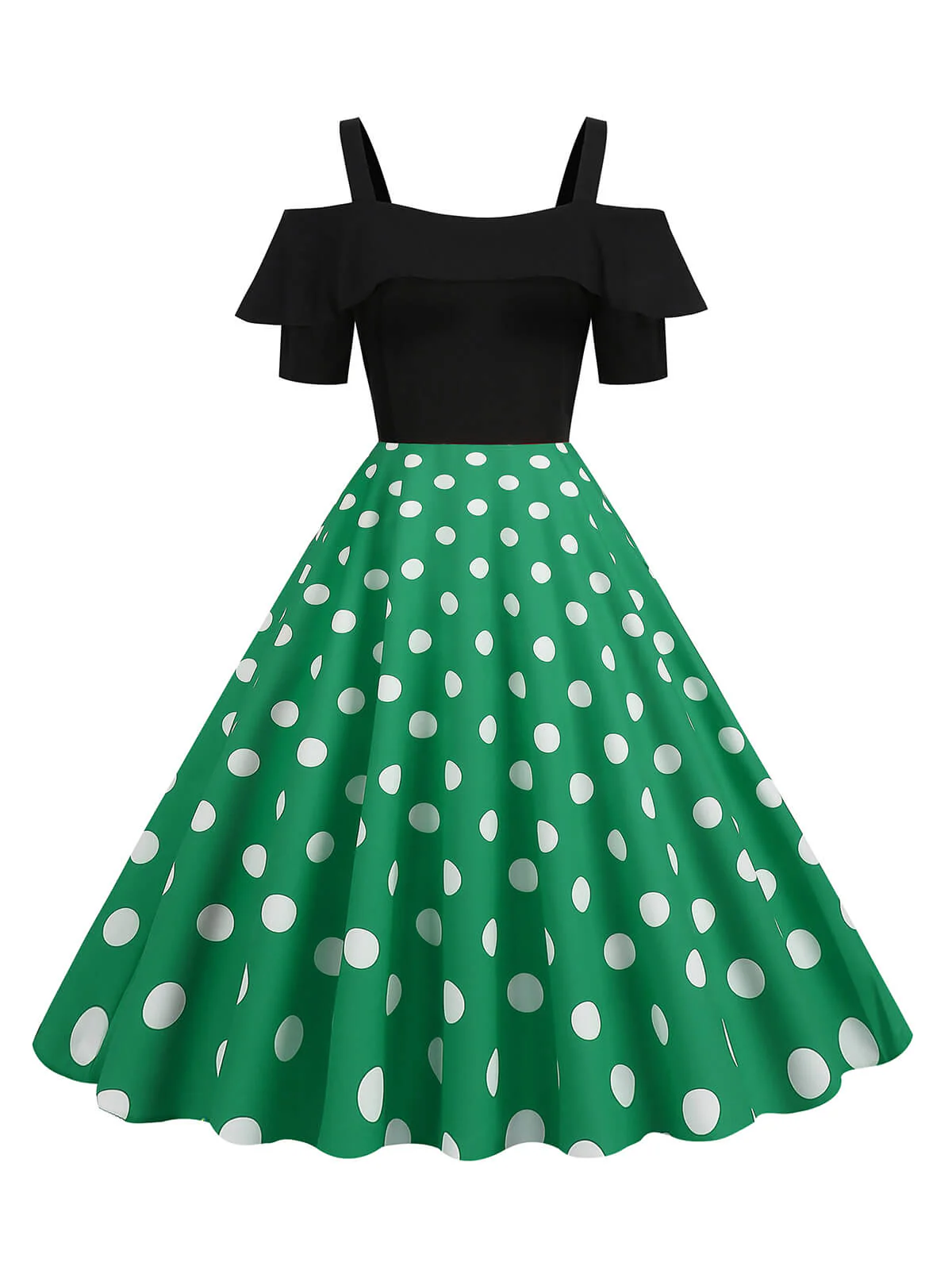 1950s Black Patchwork Polka Dot Strap Dress - Image 3