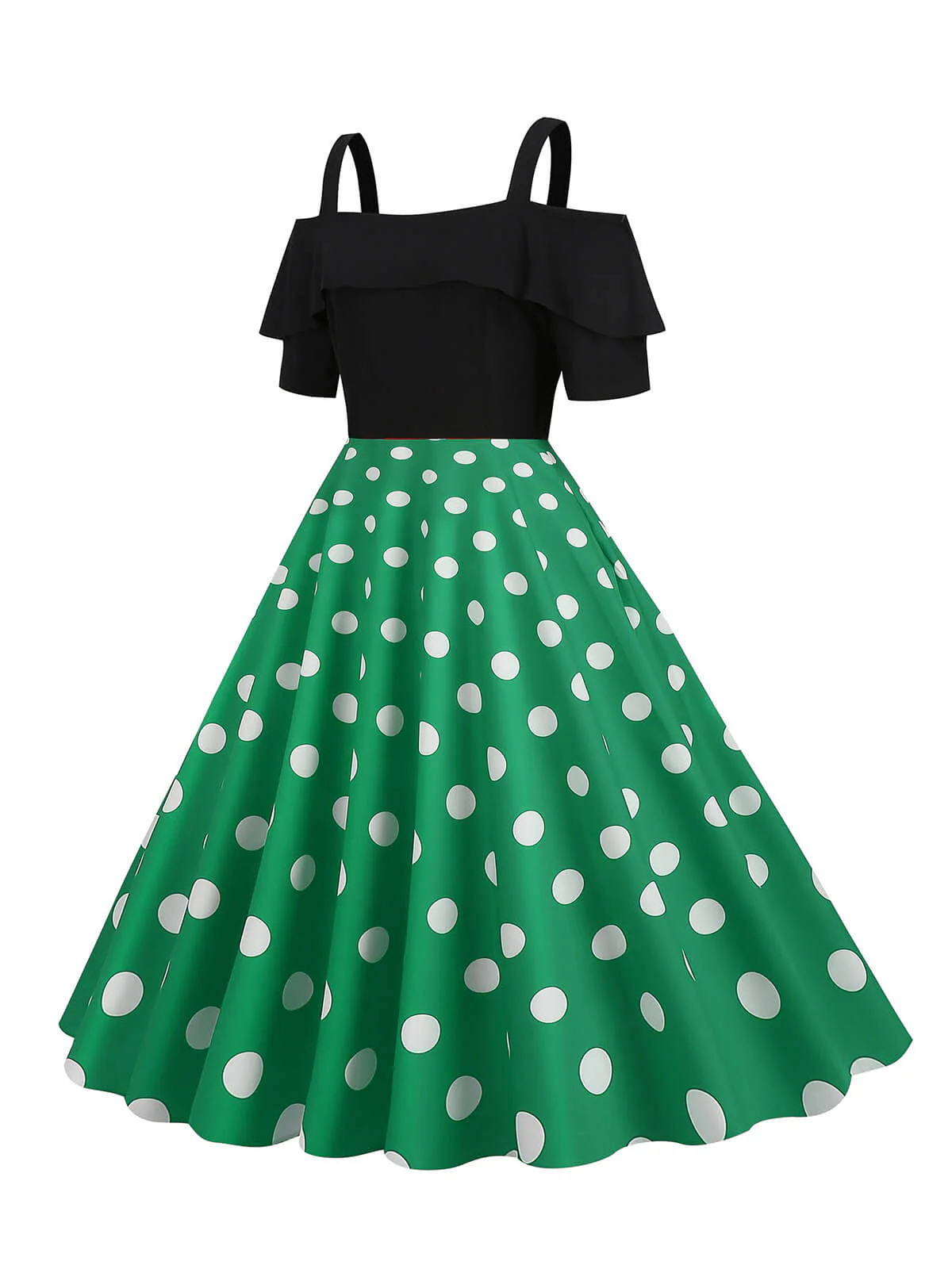1950s Black Patchwork Polka Dot Strap Dress - Image 4