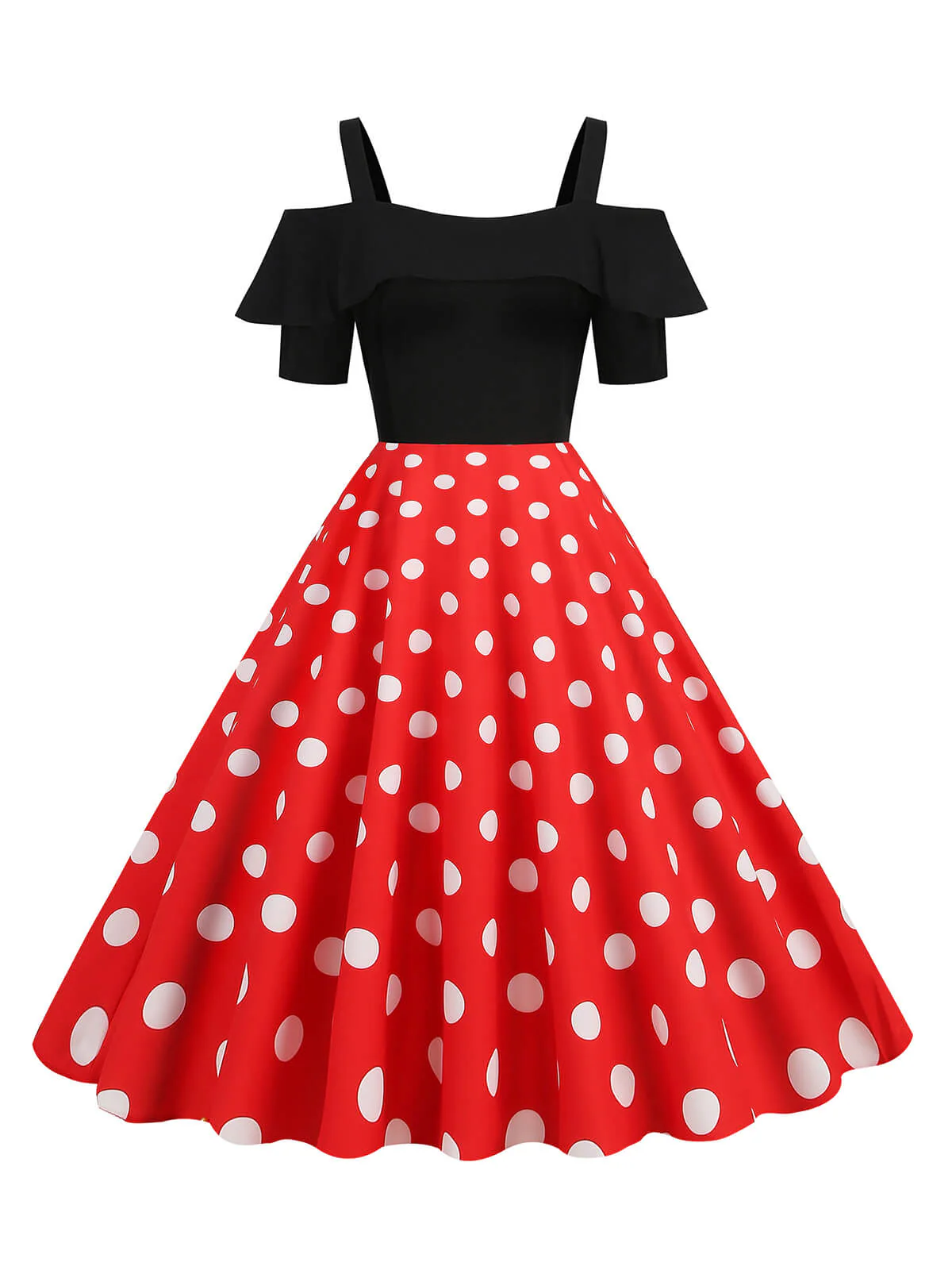 1950s Black Patchwork Polka Dot Strap Dress - Image 5