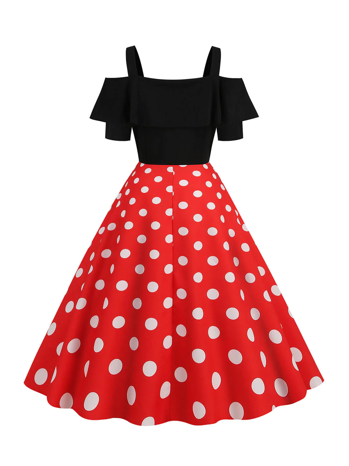 1950s Black Patchwork Polka Dot Strap Dress - Image 6
