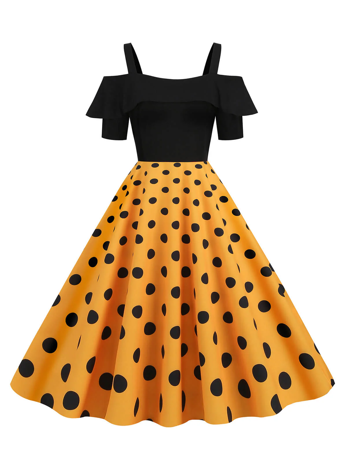 1950s Black Patchwork Polka Dot Strap Dress - Image 7