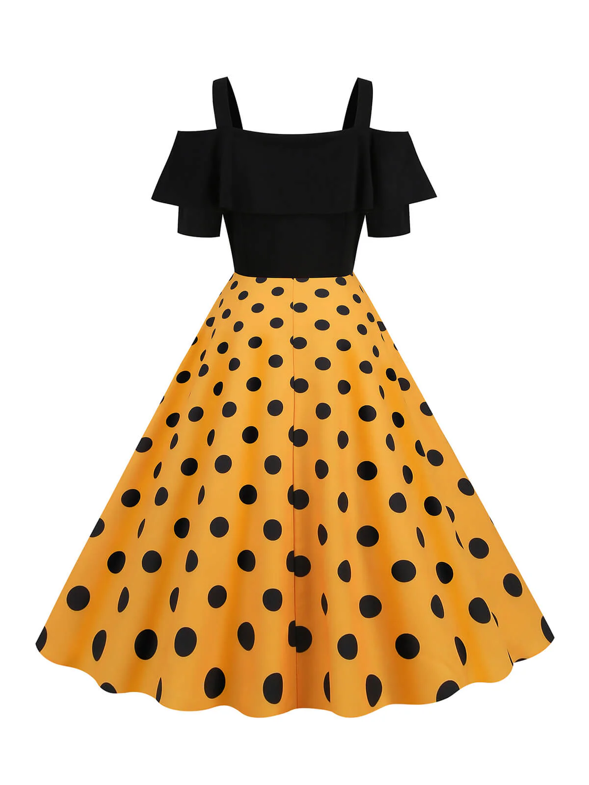 1950s Black Patchwork Polka Dot Strap Dress - Image 8