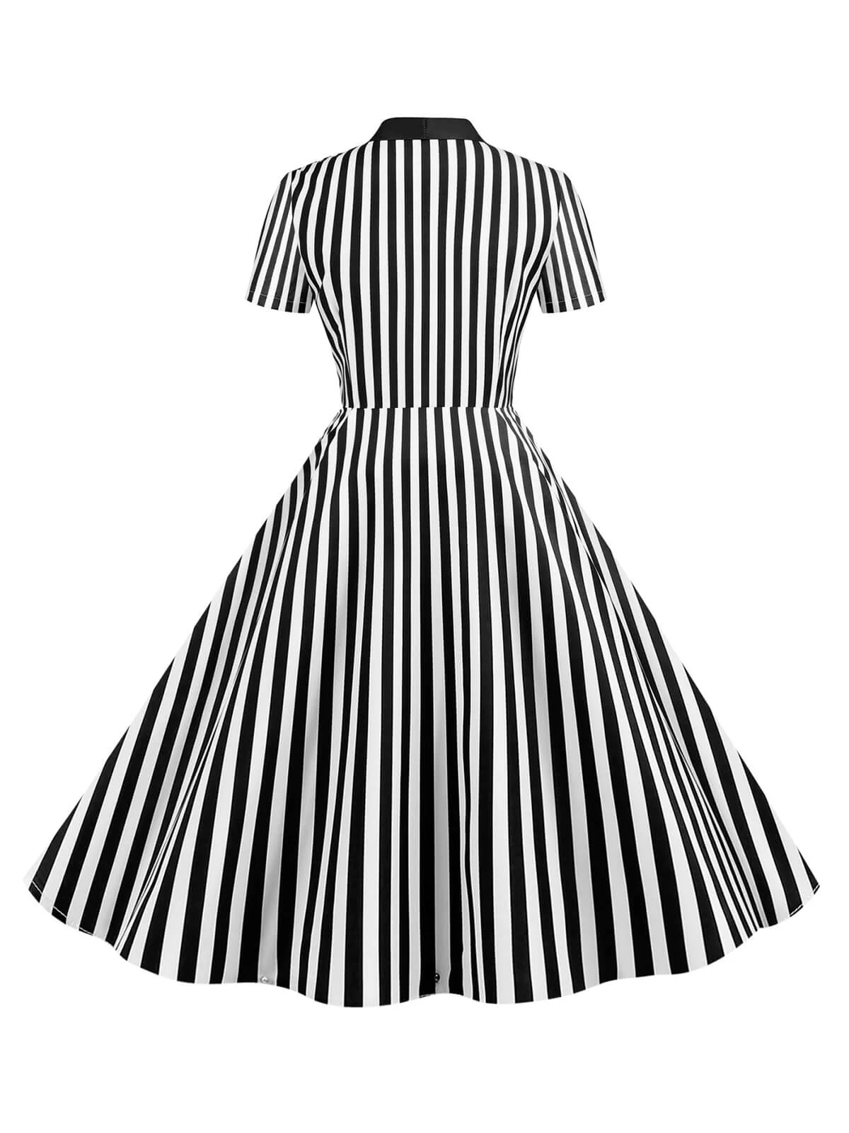 1950s Bow Collar Striped Dots Swing Dress - Image 2