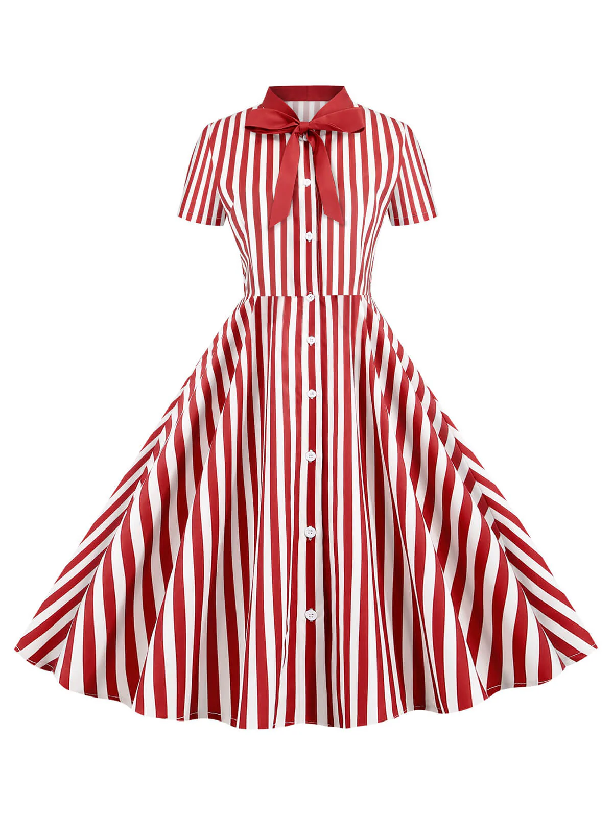 1950s Bow Collar Striped Dots Swing Dress - Image 3