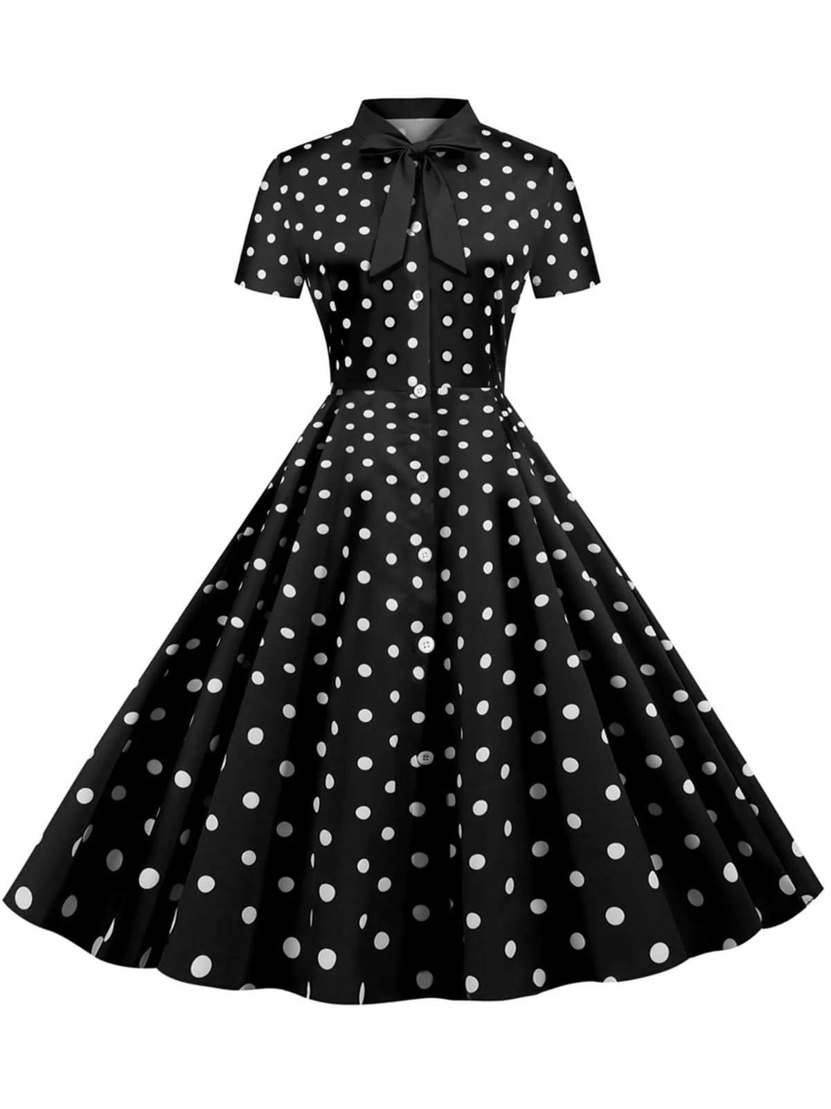 1950s Bow Collar Striped Dots Swing Dress - Image 7