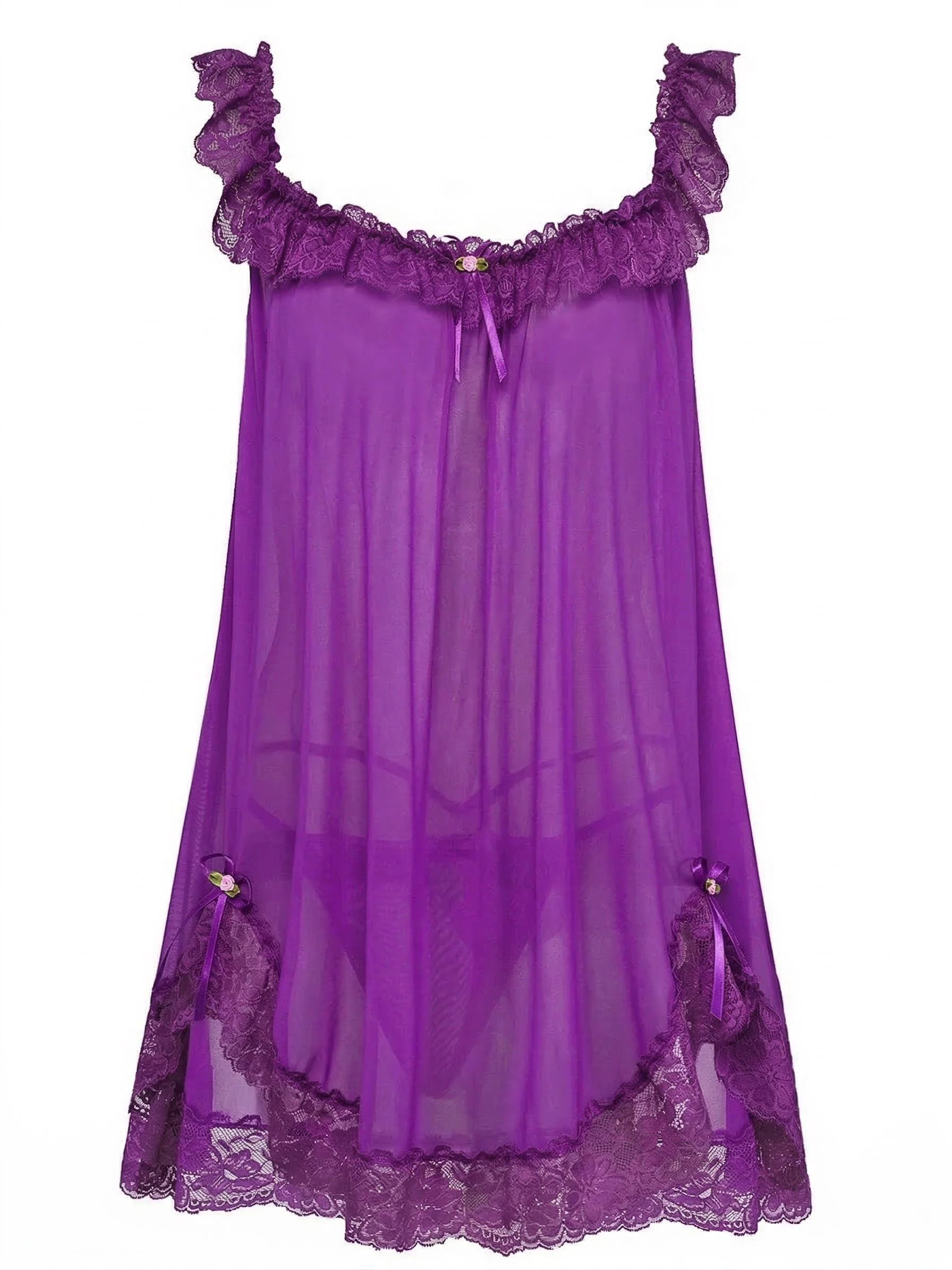 1950s Bow Lace Trim Sheer Mesh Babydoll Nightgown - Image 8