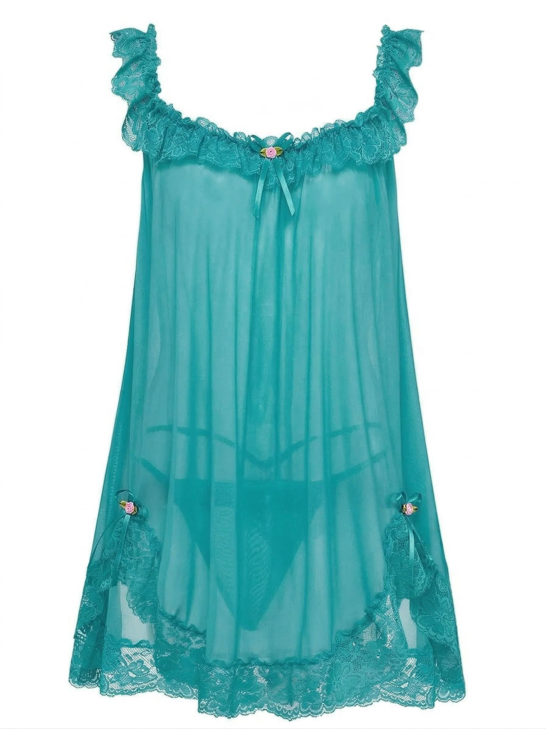 1950s Bow Lace Trim Sheer Mesh Babydoll Nightgown - Image 10