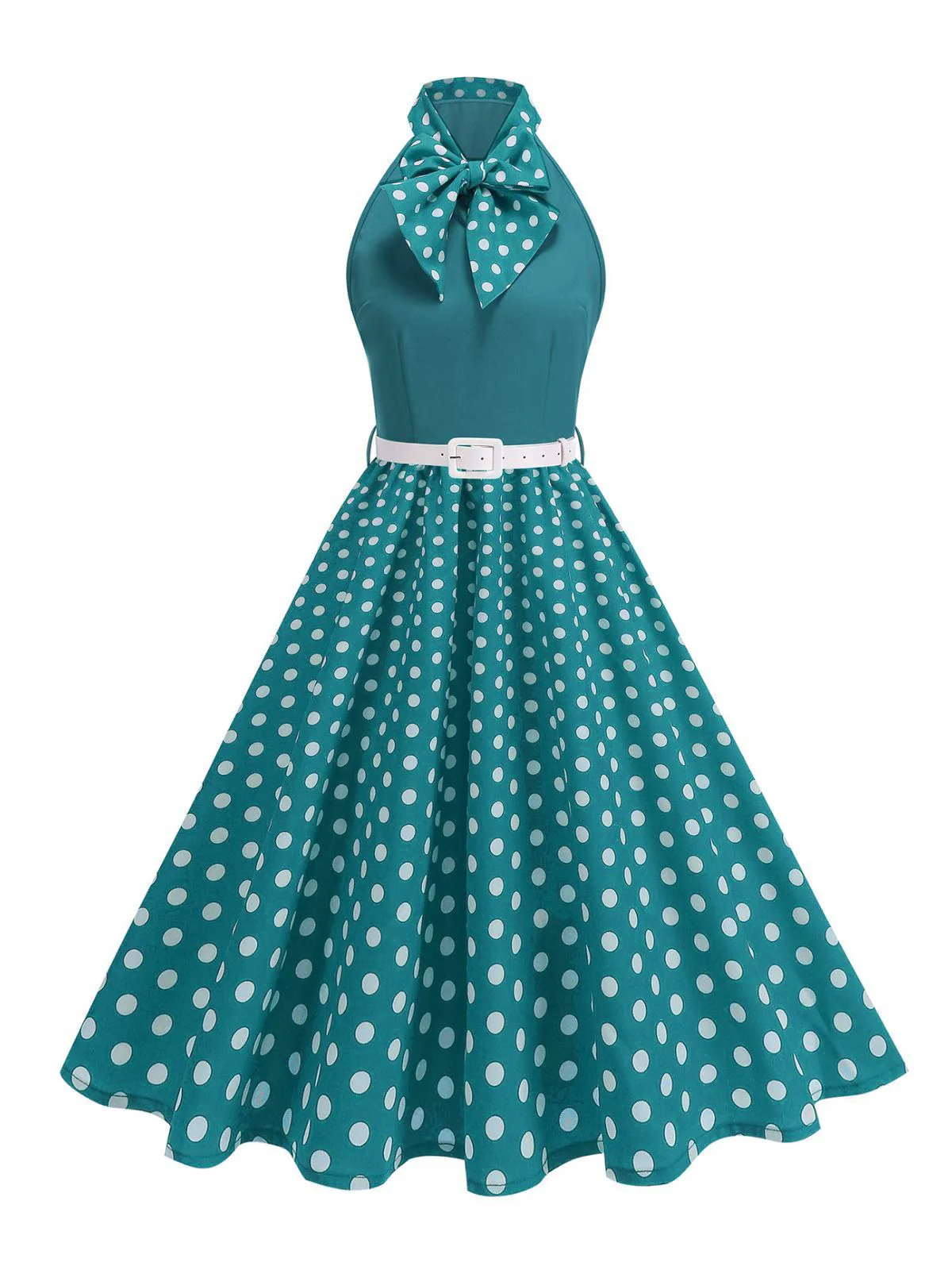 1950s Bow Tie Neck Polka Dot Belted Dress - Image 10