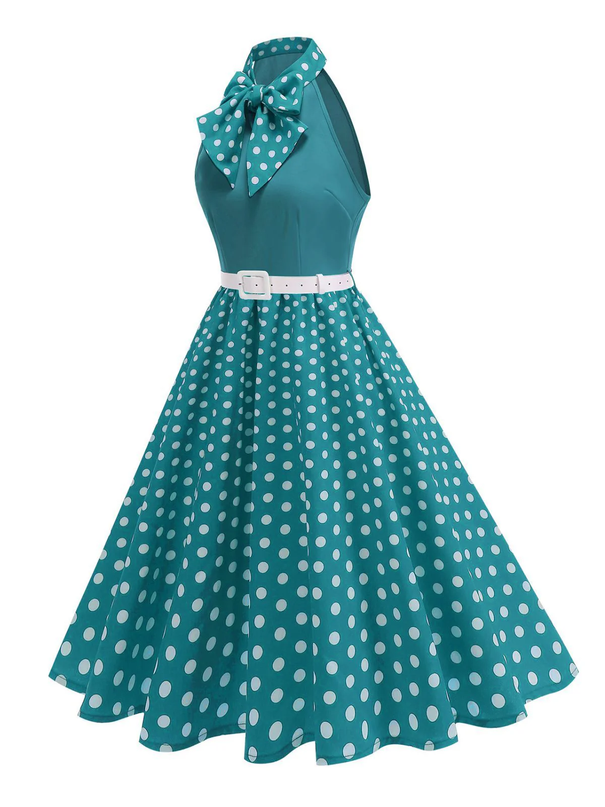 1950s Bow Tie Neck Polka Dot Belted Dress - Image 11