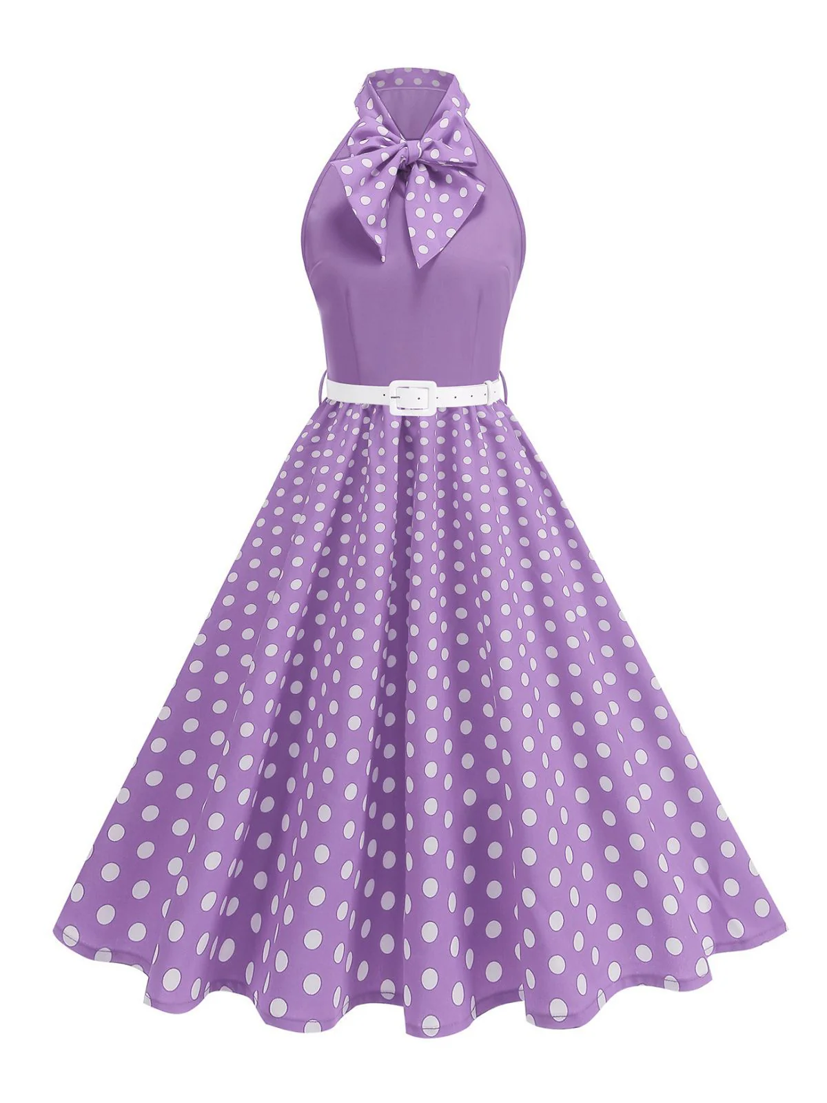 1950s Bow Tie Neck Polka Dot Belted Dress - Image 13