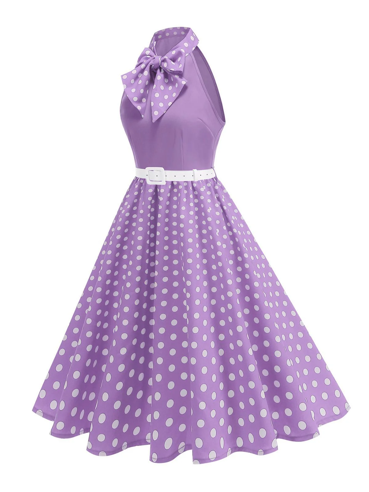 1950s Bow Tie Neck Polka Dot Belted Dress - Image 14