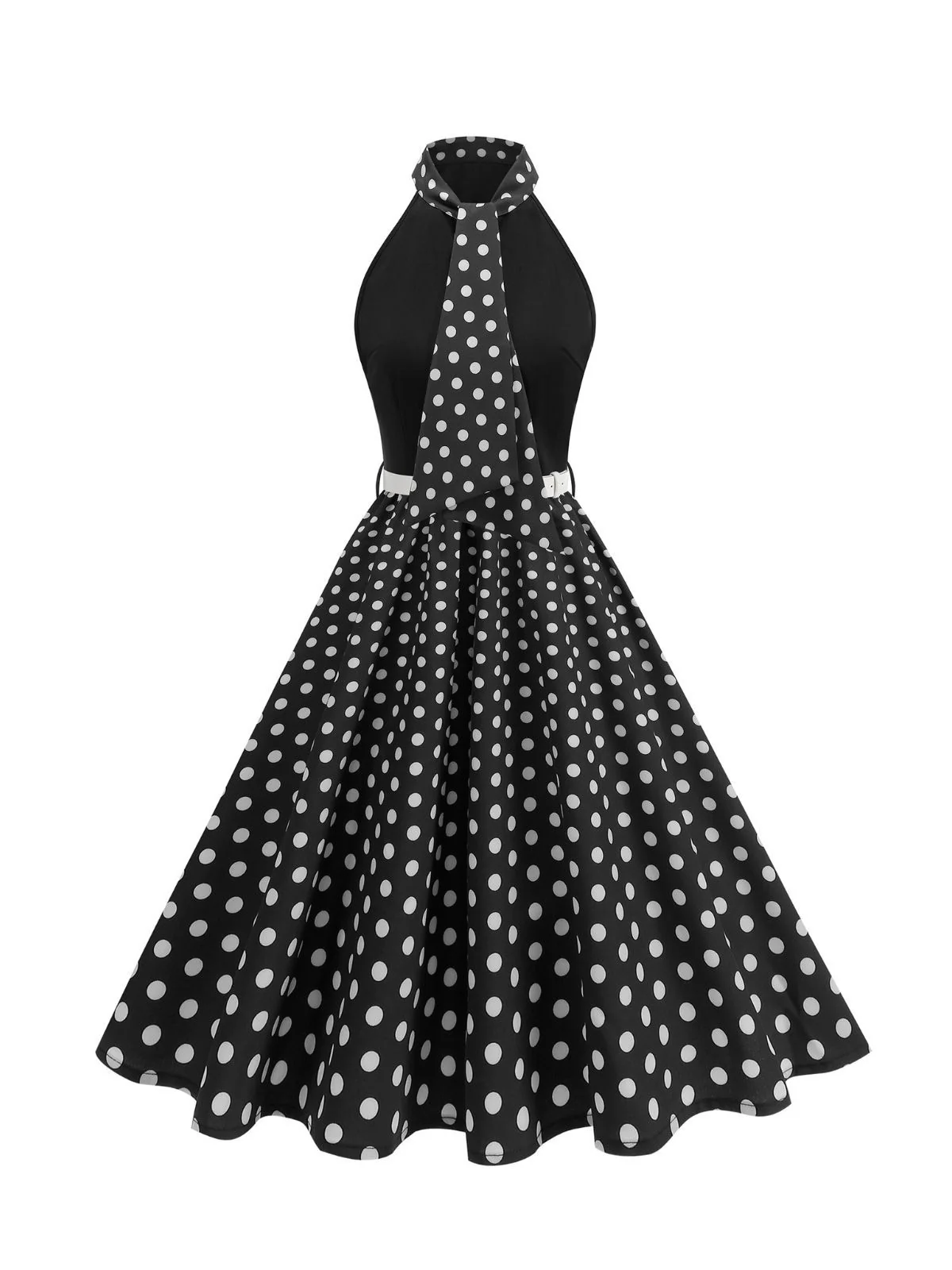 1950s Bow Tie Neck Polka Dot Belted Dress - Image 16