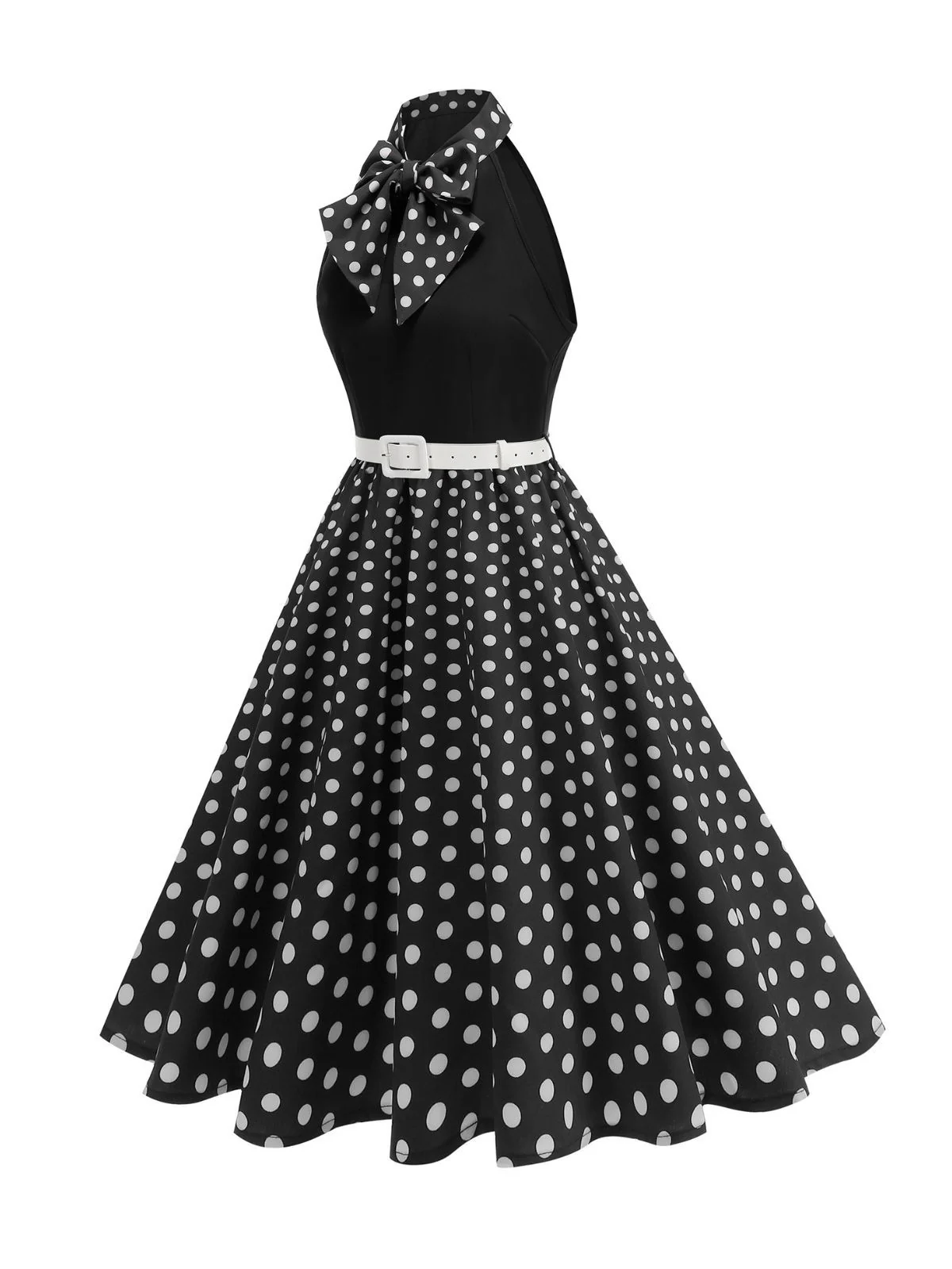 1950s Bow Tie Neck Polka Dot Belted Dress - Image 17