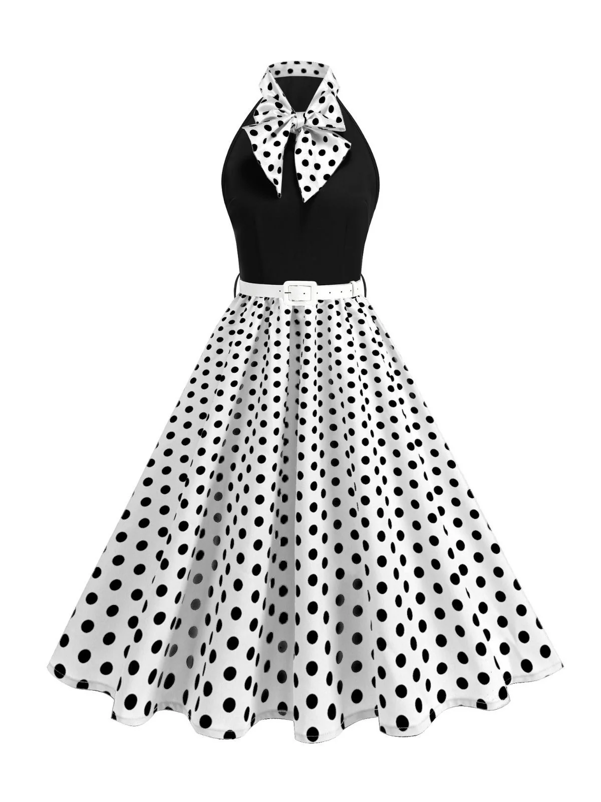 1950s Bow Tie Neck Polka Dot Belted Dress - Image 19