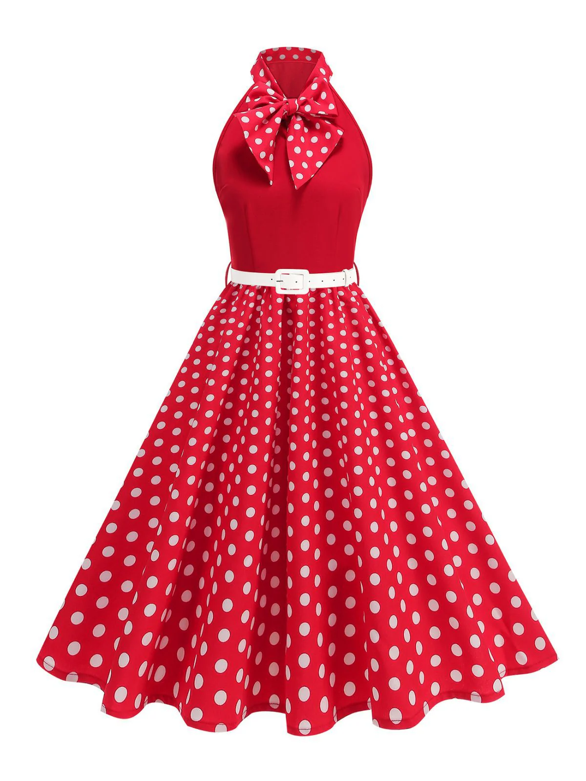 1950s Bow Tie Neck Polka Dot Belted Dress - Image 2