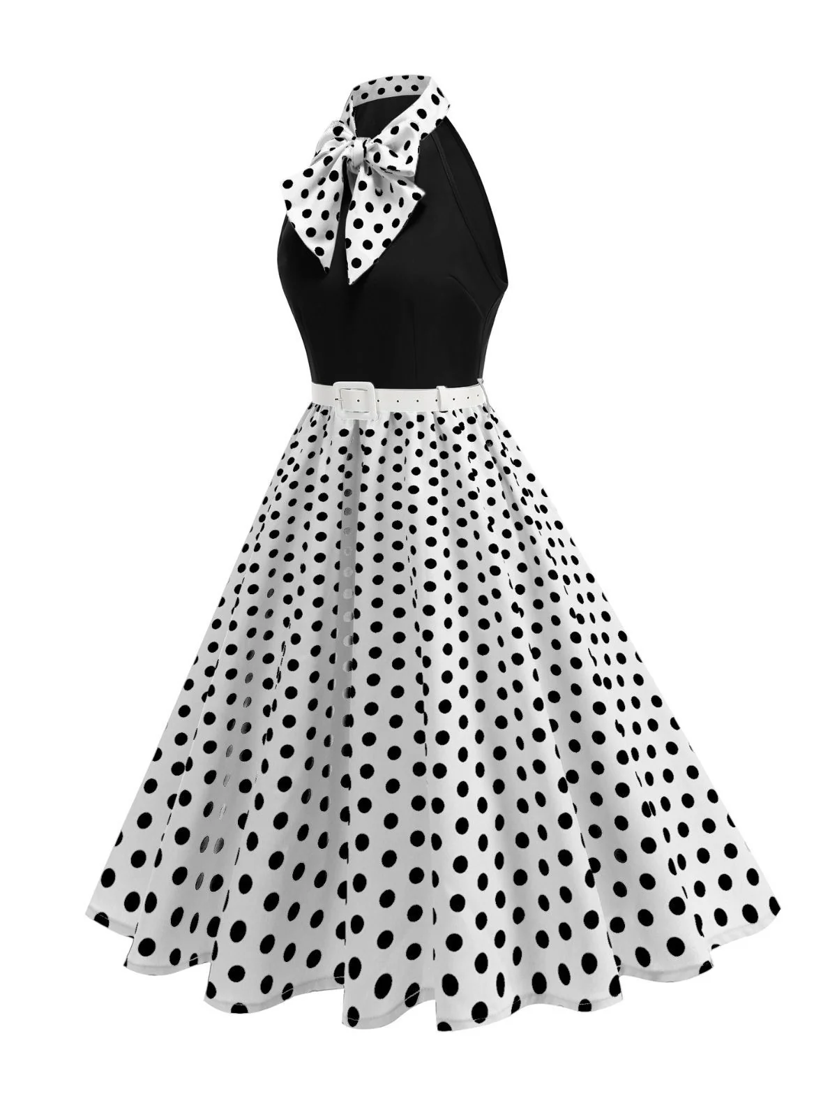 1950s Bow Tie Neck Polka Dot Belted Dress - Image 21
