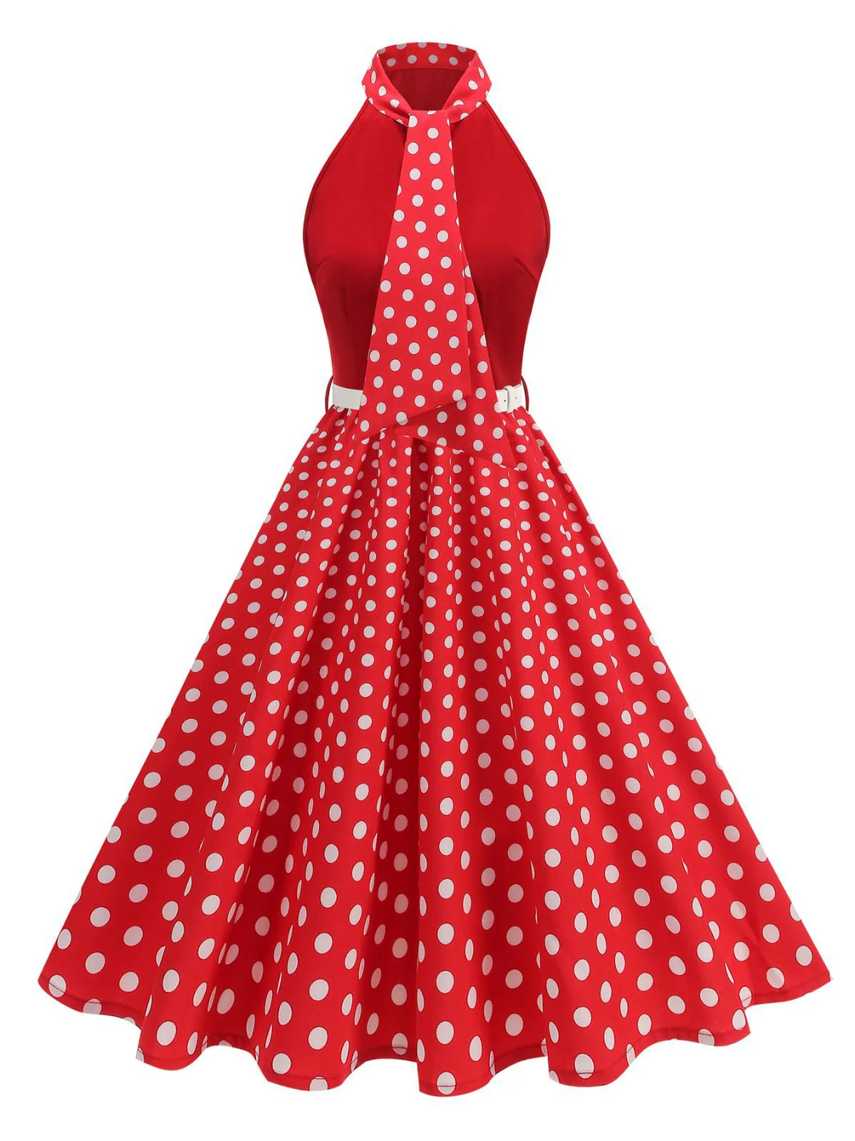 1950s Bow Tie Neck Polka Dot Belted Dress - Image 3