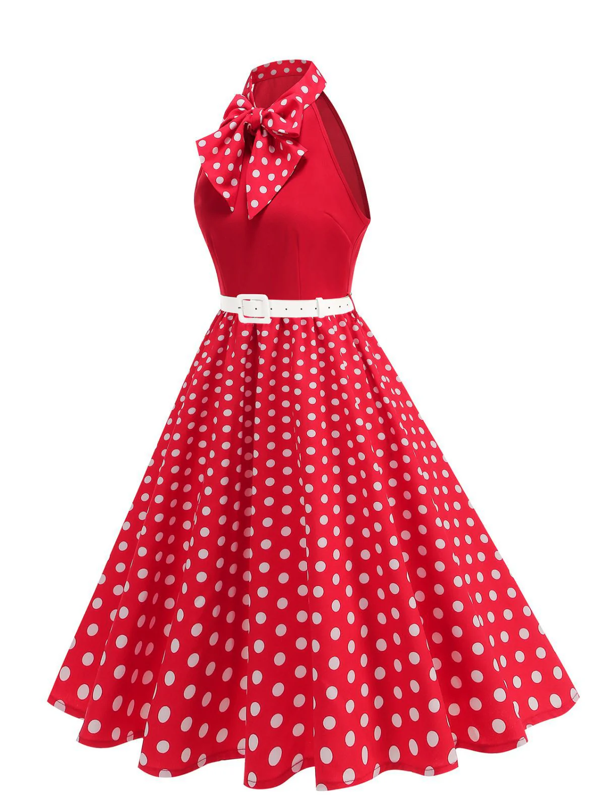 1950s Bow Tie Neck Polka Dot Belted Dress - Image 4