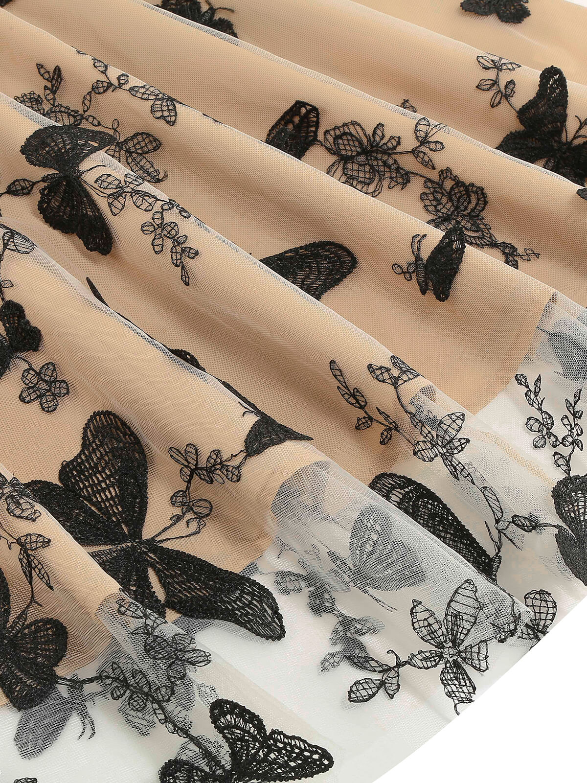 1950s Butterfly Embroidered Mesh Patchwork Dress - Image 4