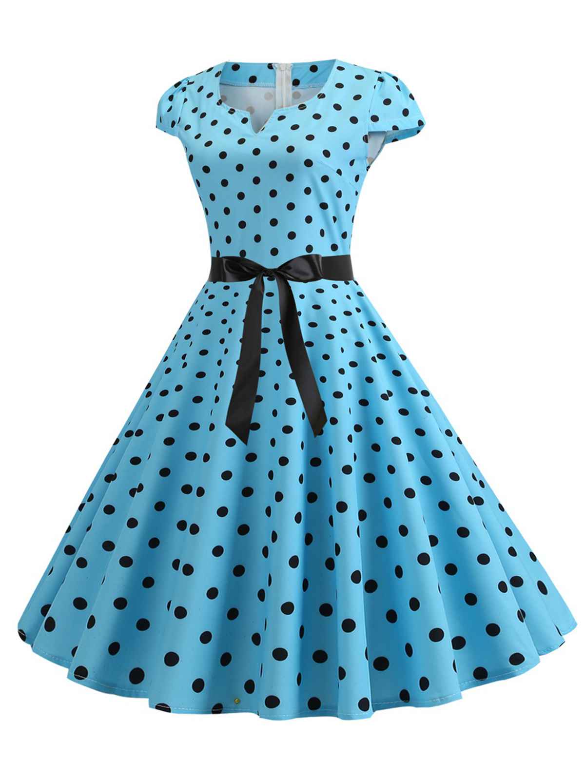 1950s Cap Sleeve Polka Dot Belted Dress - Image 7