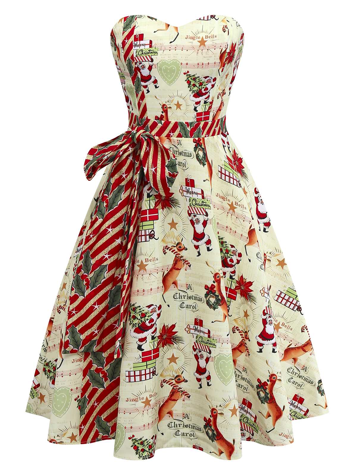 1950s Christmas Candy Cane Santa Bow Strapless Dress - Image 2