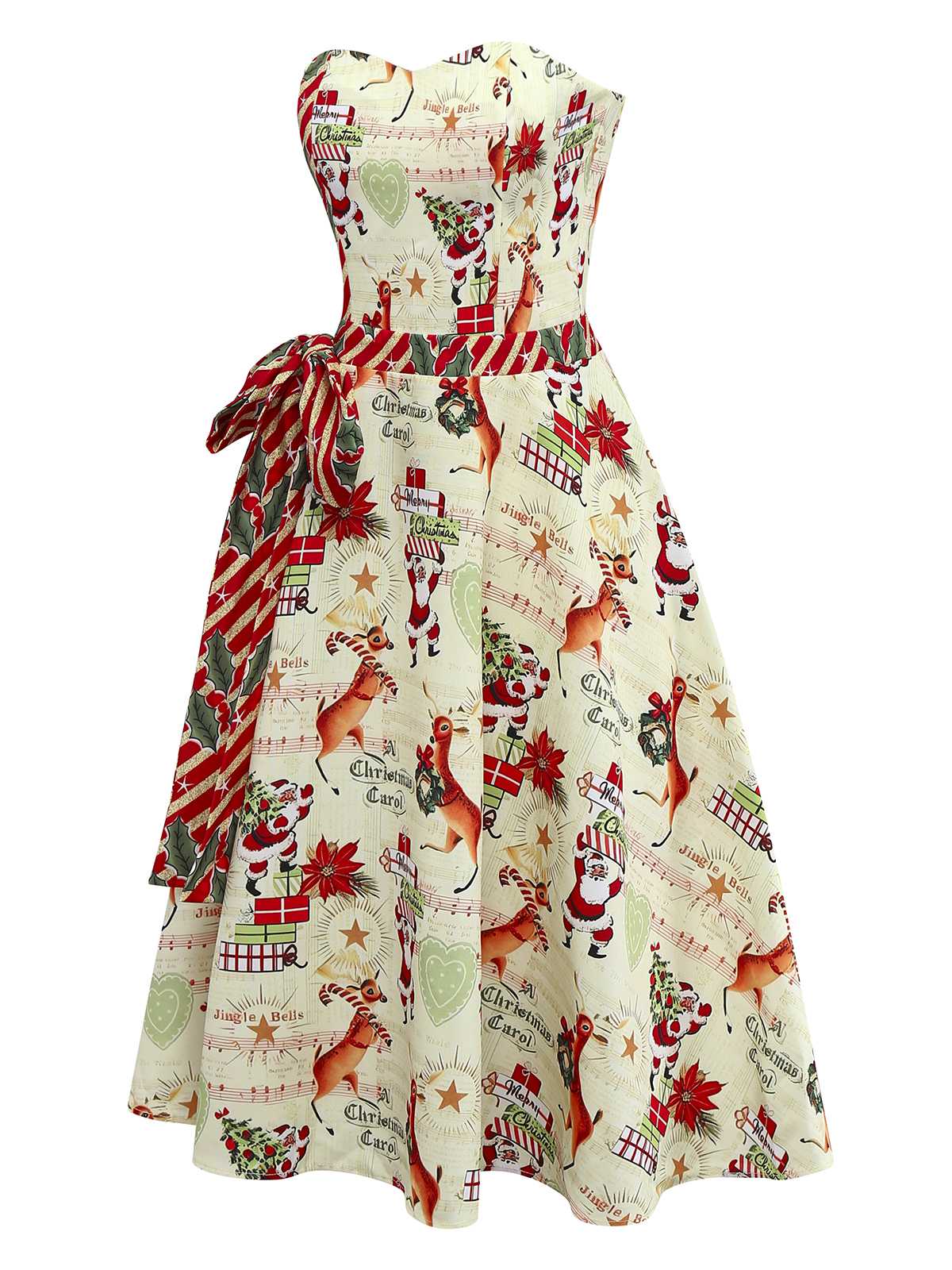 1950s Christmas Candy Cane Santa Bow Strapless Dress - Image 3
