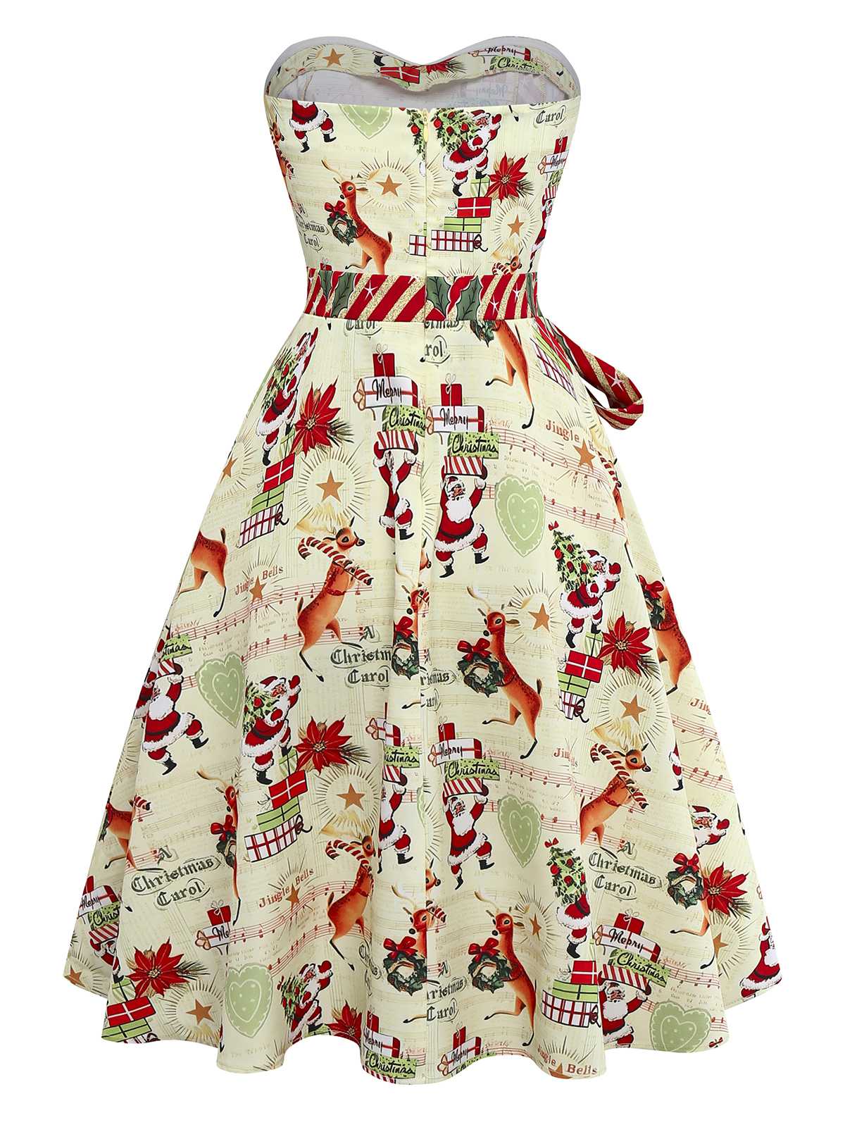 1950s Christmas Candy Cane Santa Bow Strapless Dress - Image 4