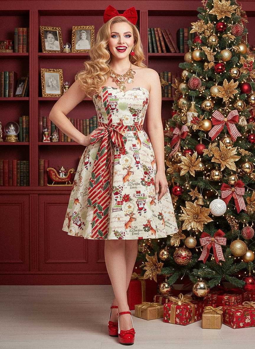 1950s Christmas Candy Cane Santa Bow Strapless Dress - Image 5