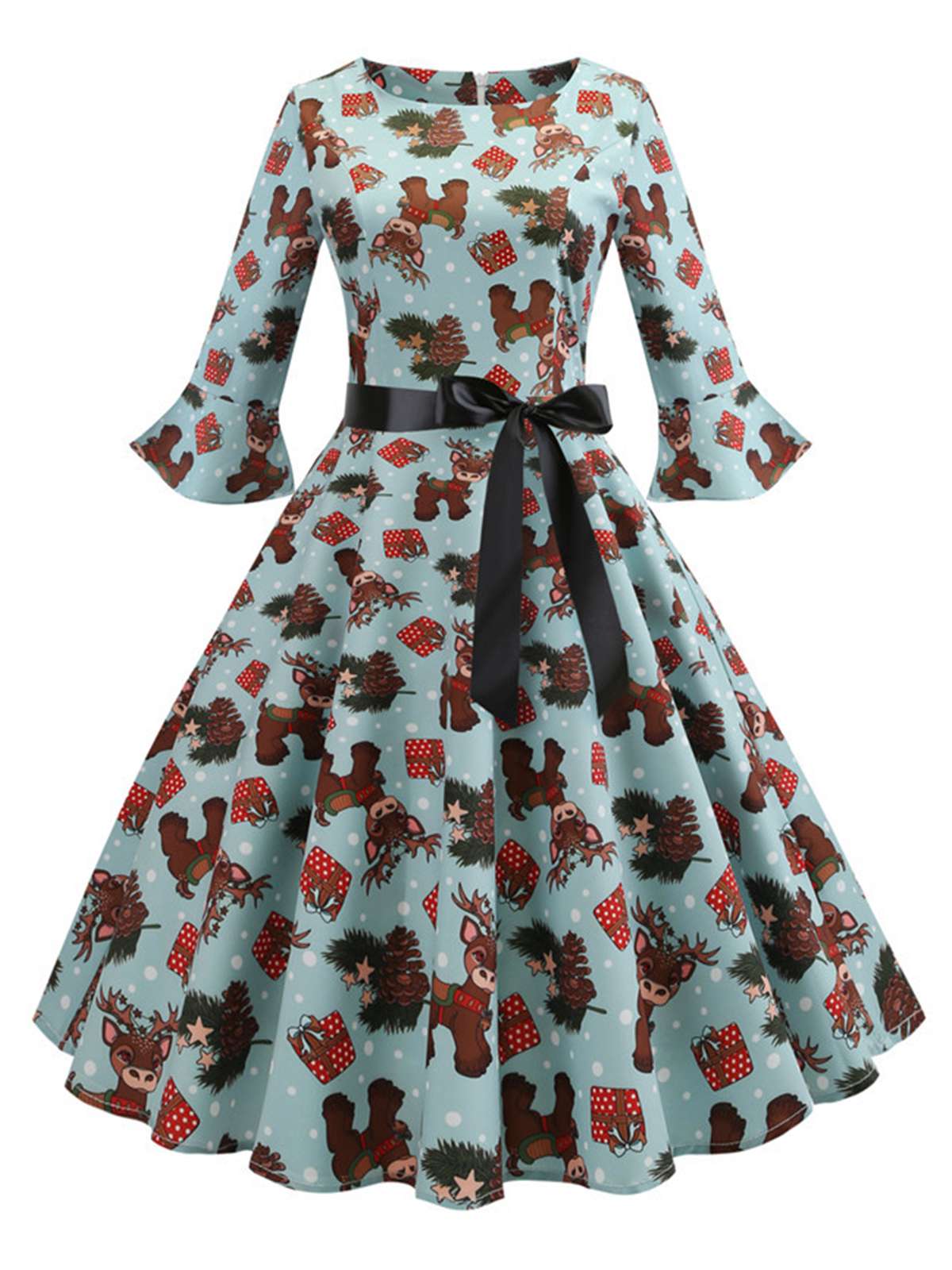 1950s Christmas Flare Sleeve Belted Dress - Image 2