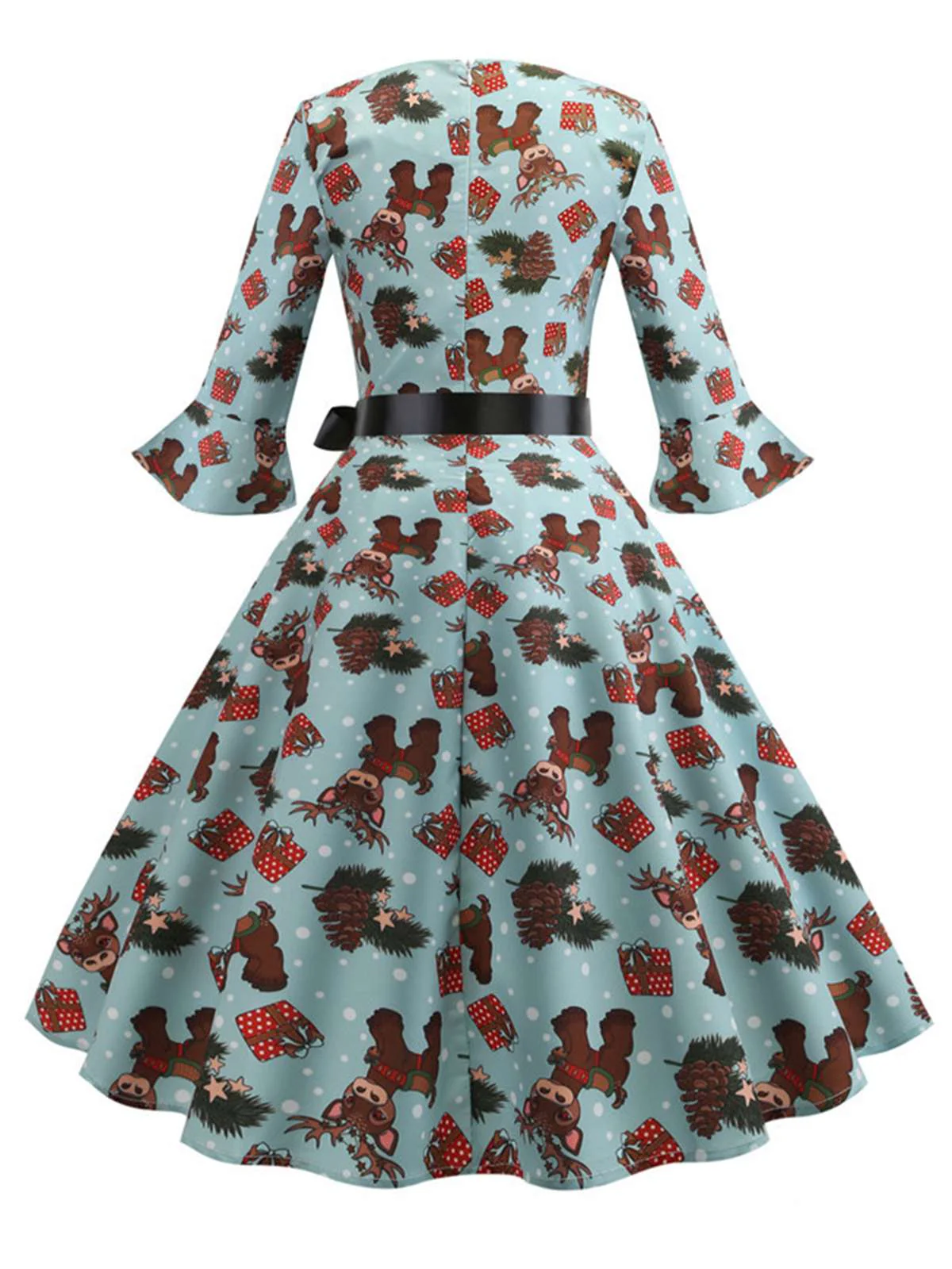 1950s Christmas Flare Sleeve Belted Dress - Image 3