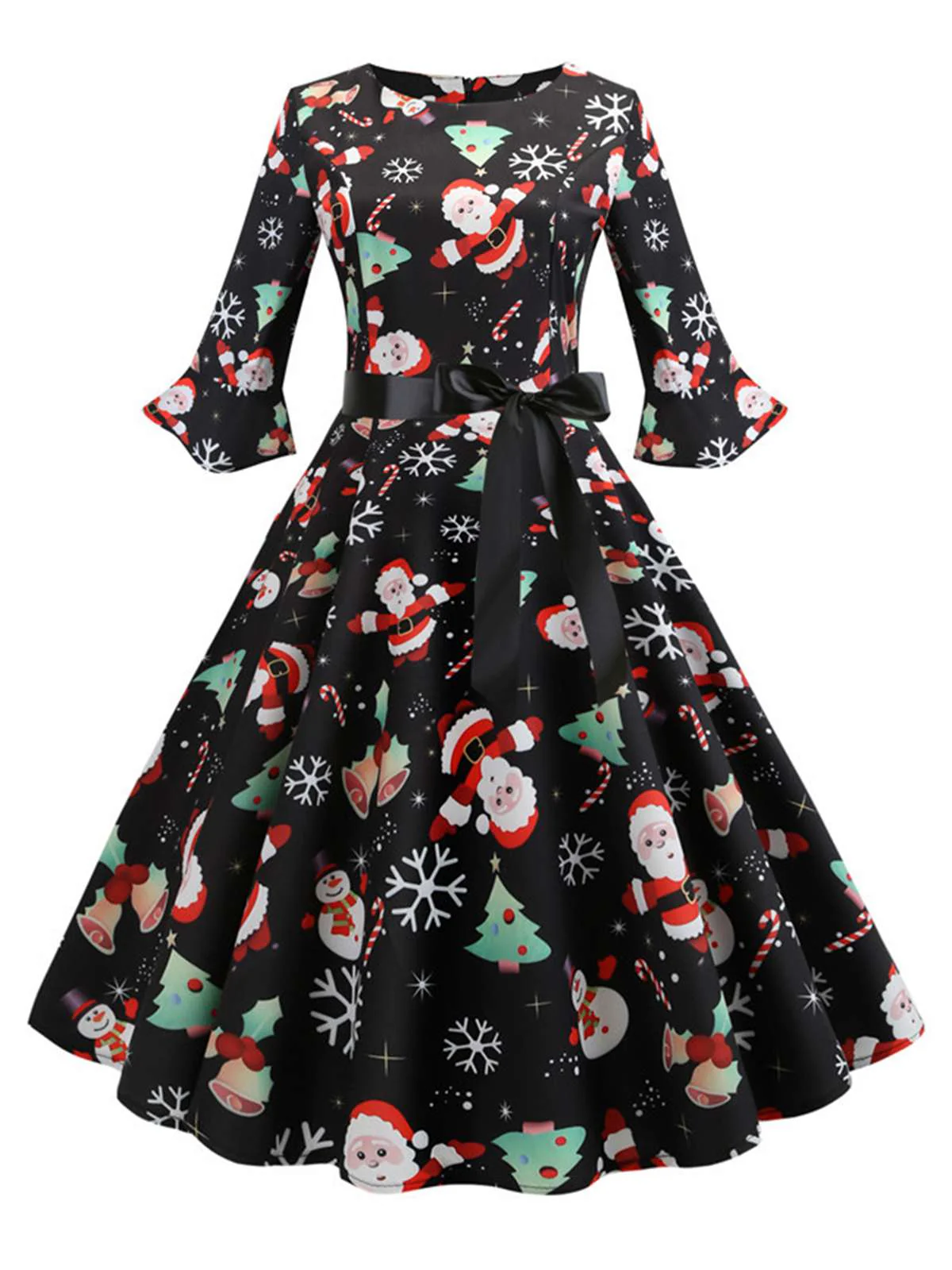 1950s Christmas Flare Sleeve Belted Dress - Image 4