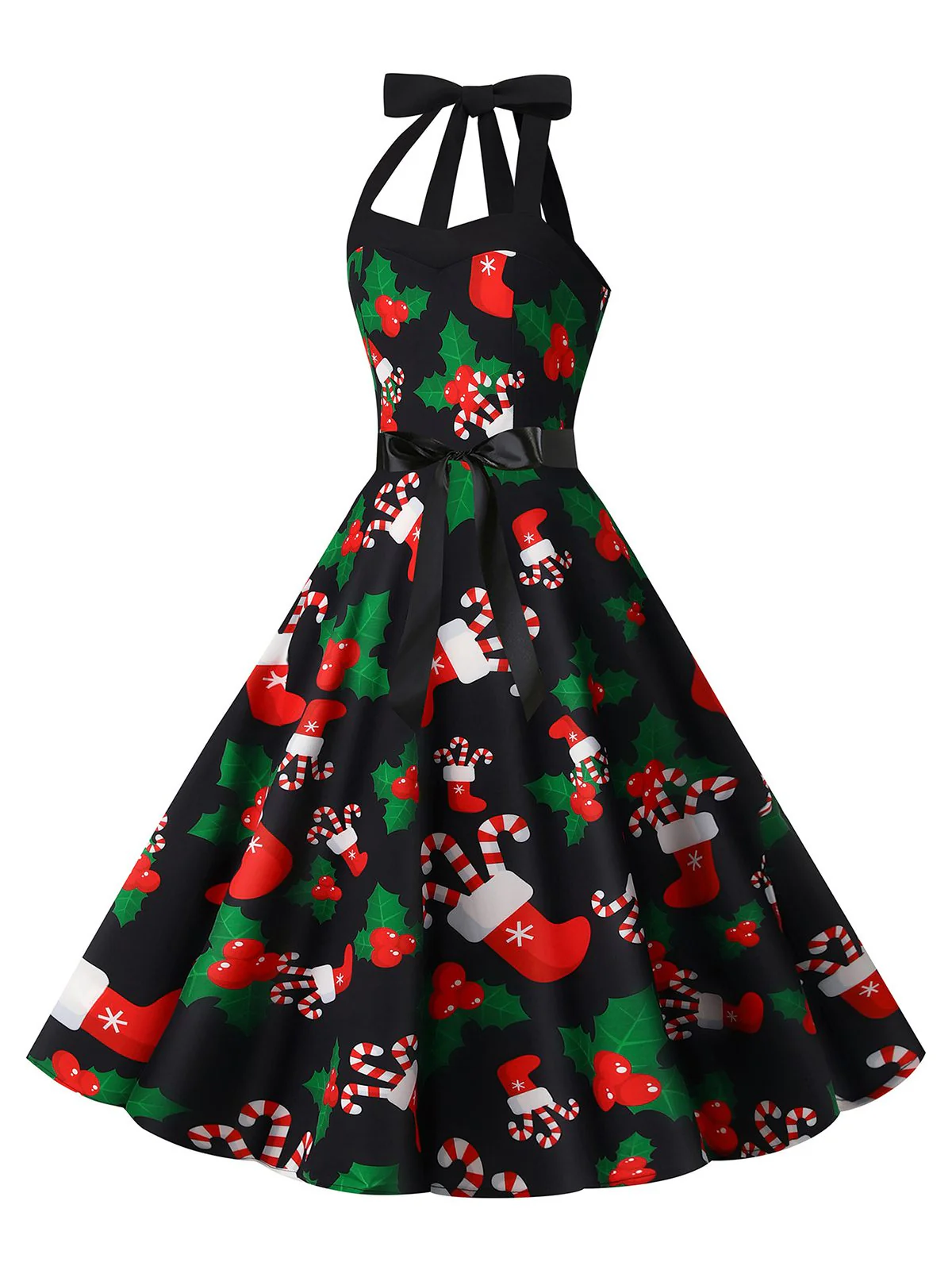 1950s Christmas Halter Belted Swing Dress - Image 2