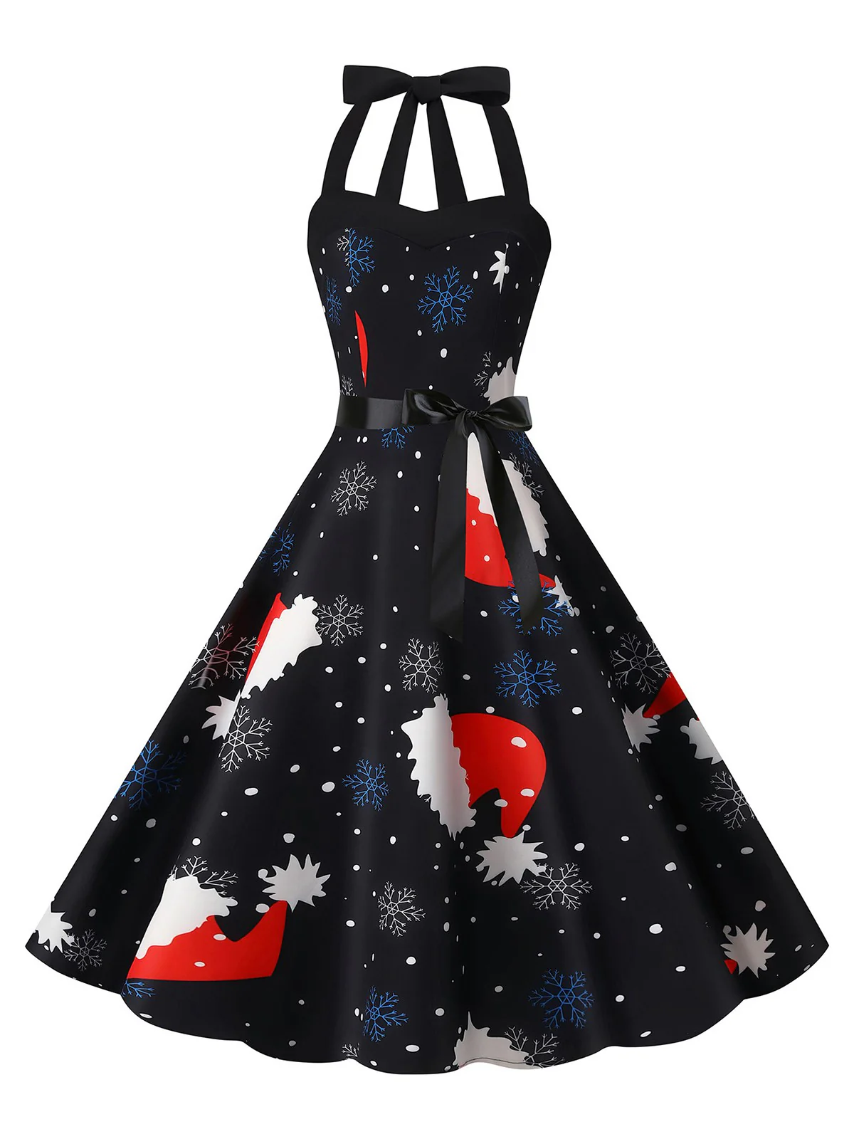 1950s Christmas Halter Belted Swing Dress - Image 5