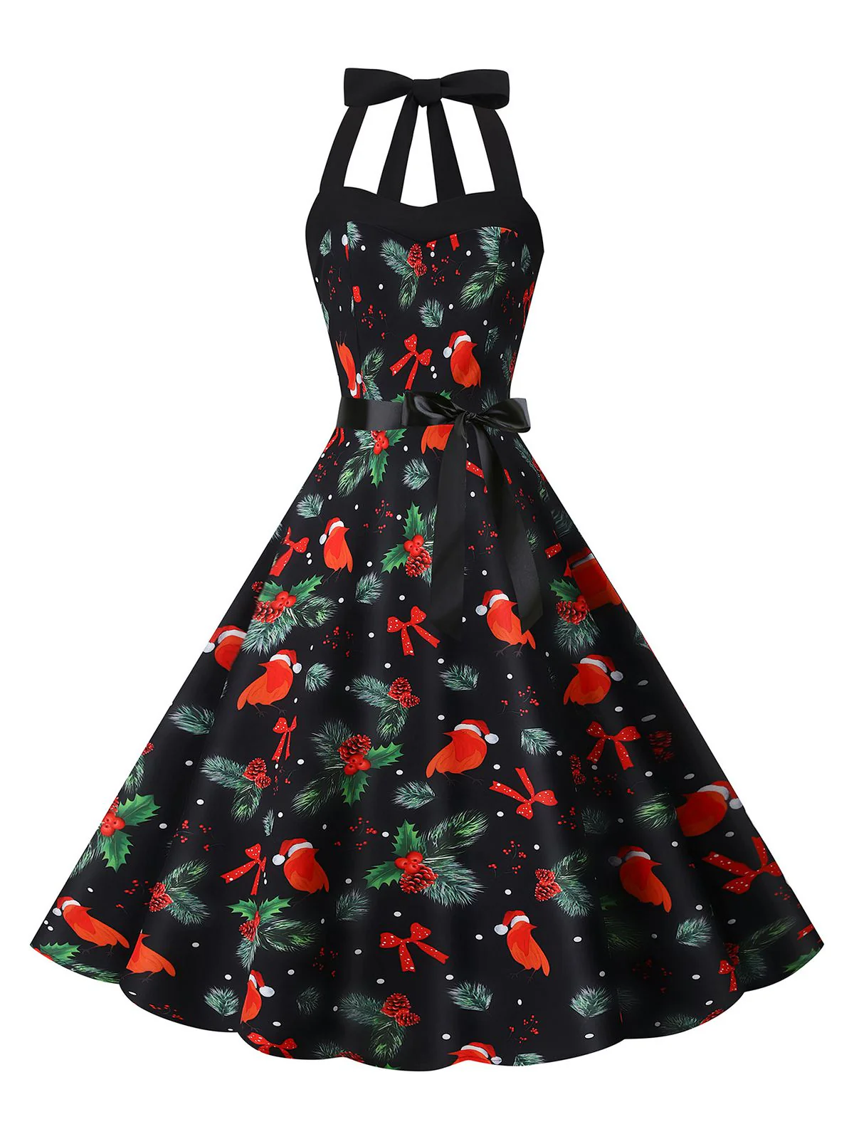1950s Christmas Halter Belted Swing Dress - Image 8