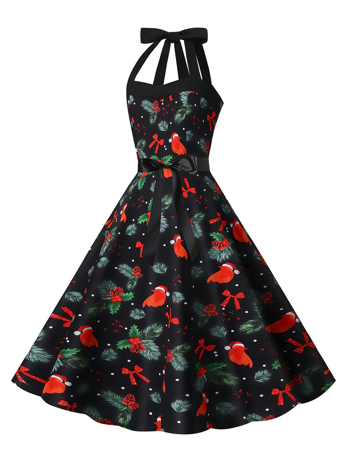 1950s Christmas Halter Belted Swing Dress - Image 9