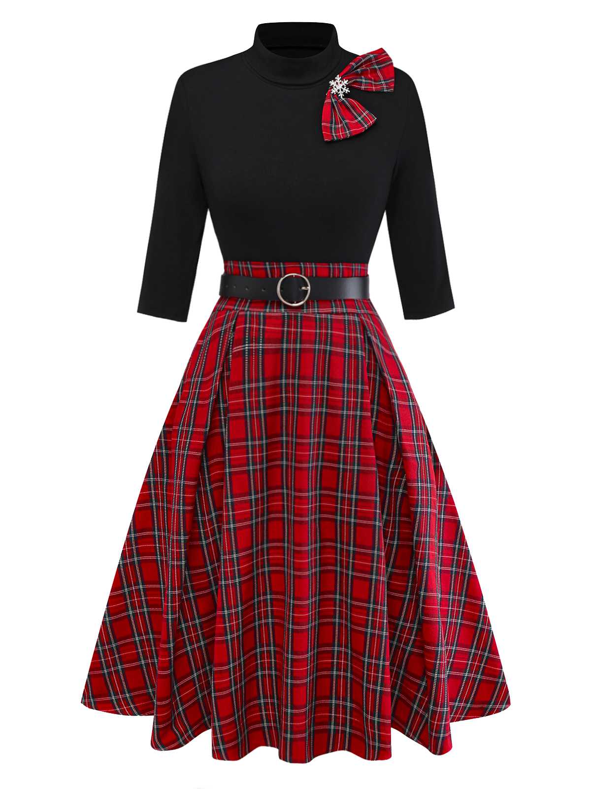 1950s Christmas Plaid Belted Dress With Snowflake Brooch - Image 2