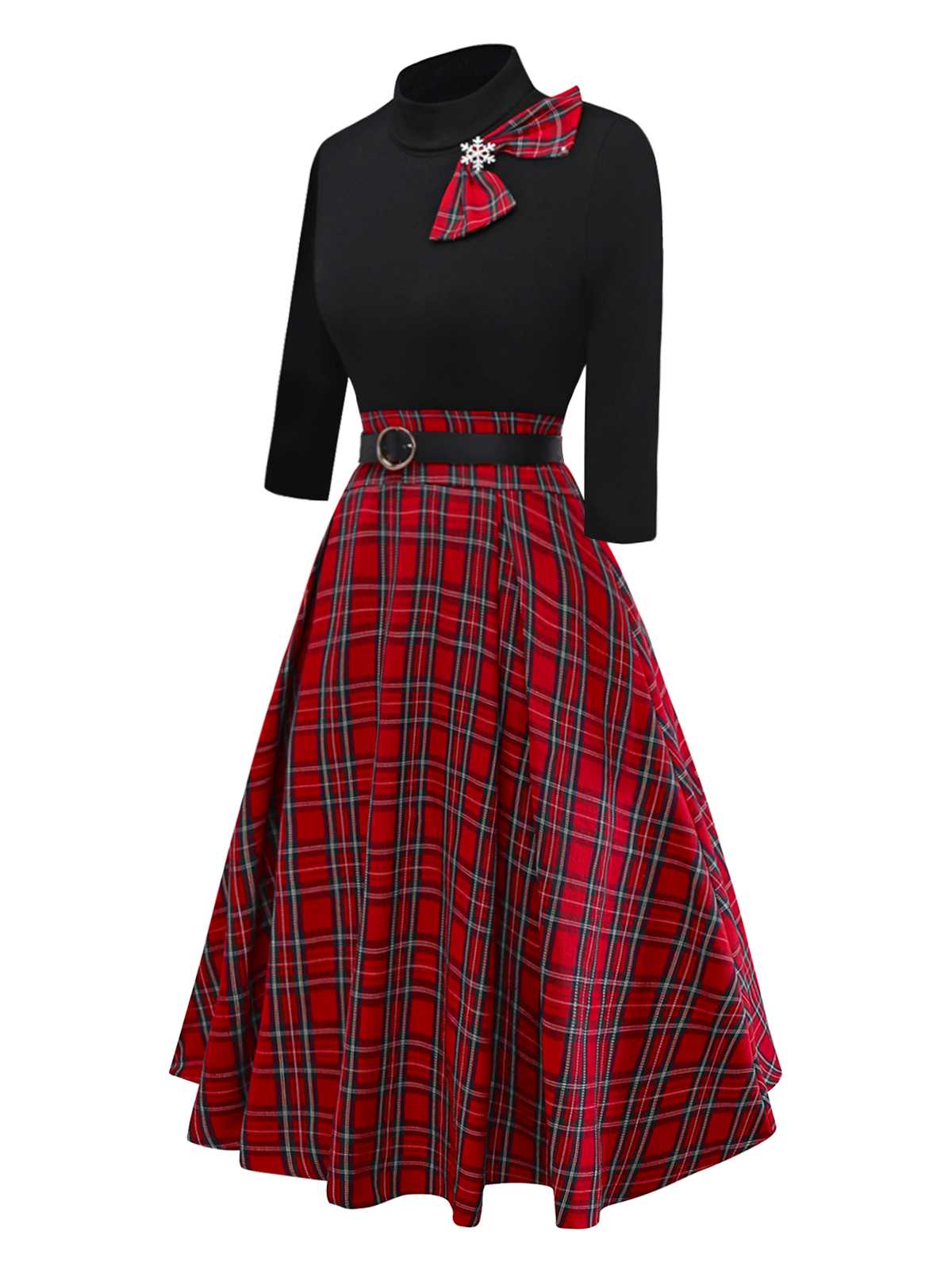 1950s Christmas Plaid Belted Dress With Snowflake Brooch - Image 3