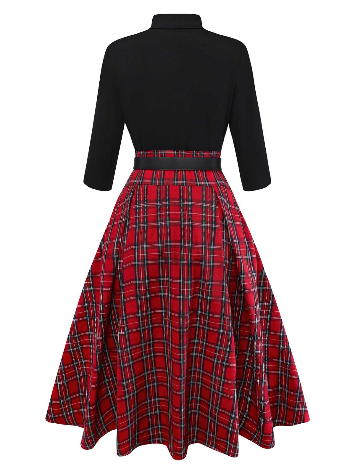 1950s Christmas Plaid Belted Dress With Snowflake Brooch - Image 4