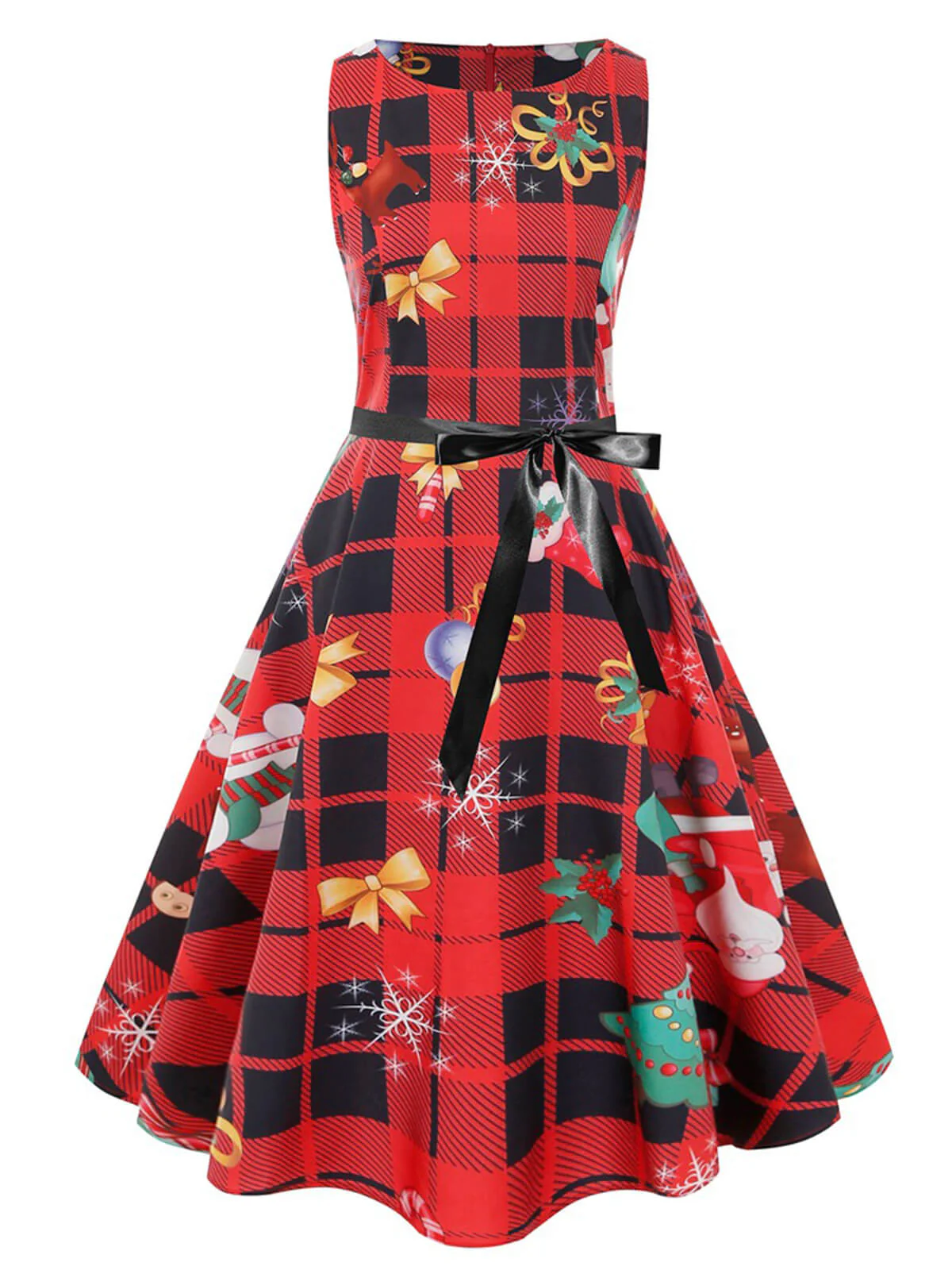 1950s Christmas Plaid Bow Sleeveless Dress - Image 2