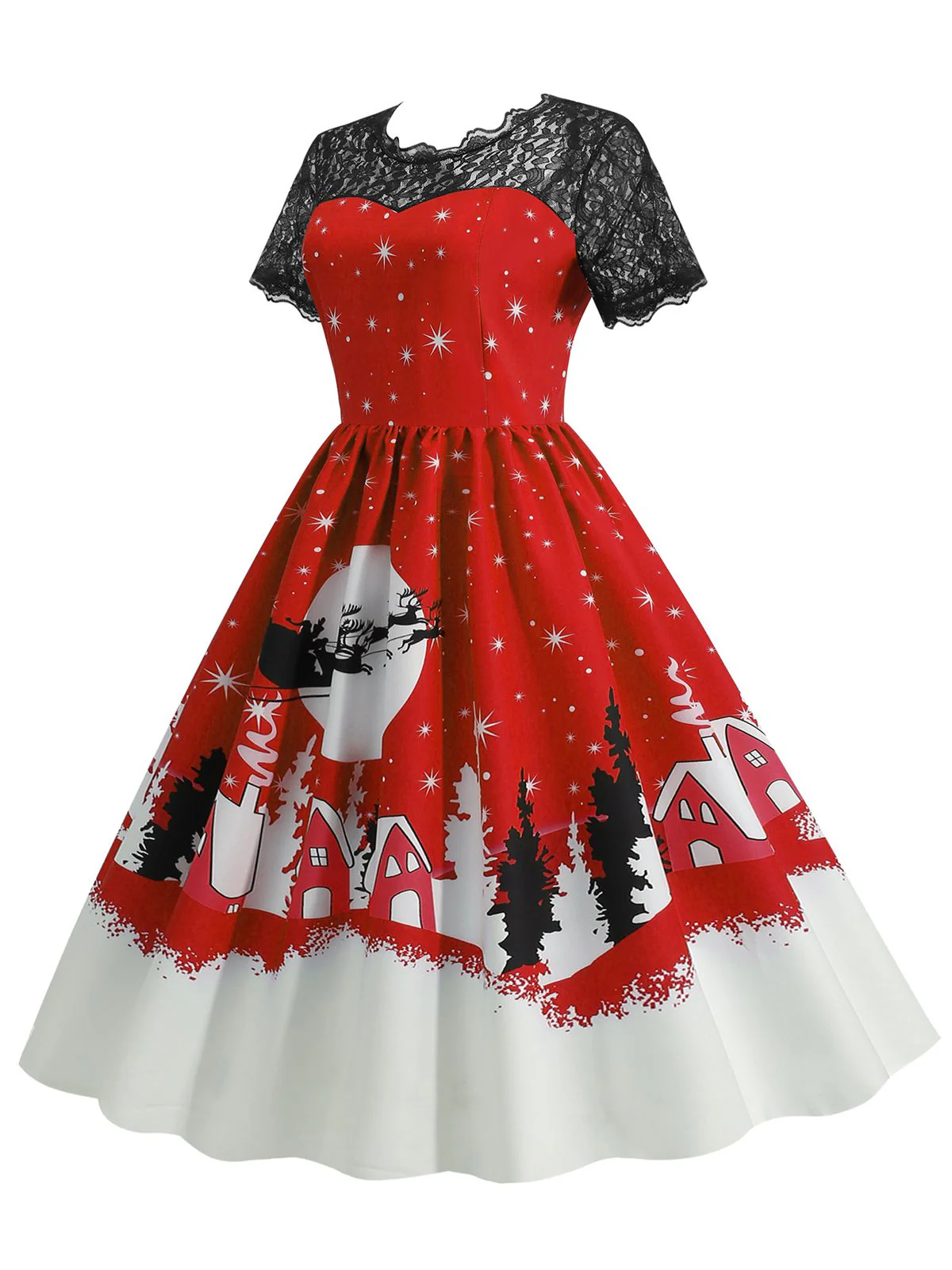 1950s Christmas Print Lace Swing Dress - Image 2