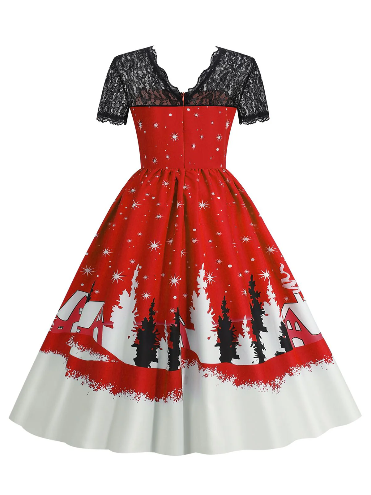 1950s Christmas Print Lace Swing Dress - Image 3